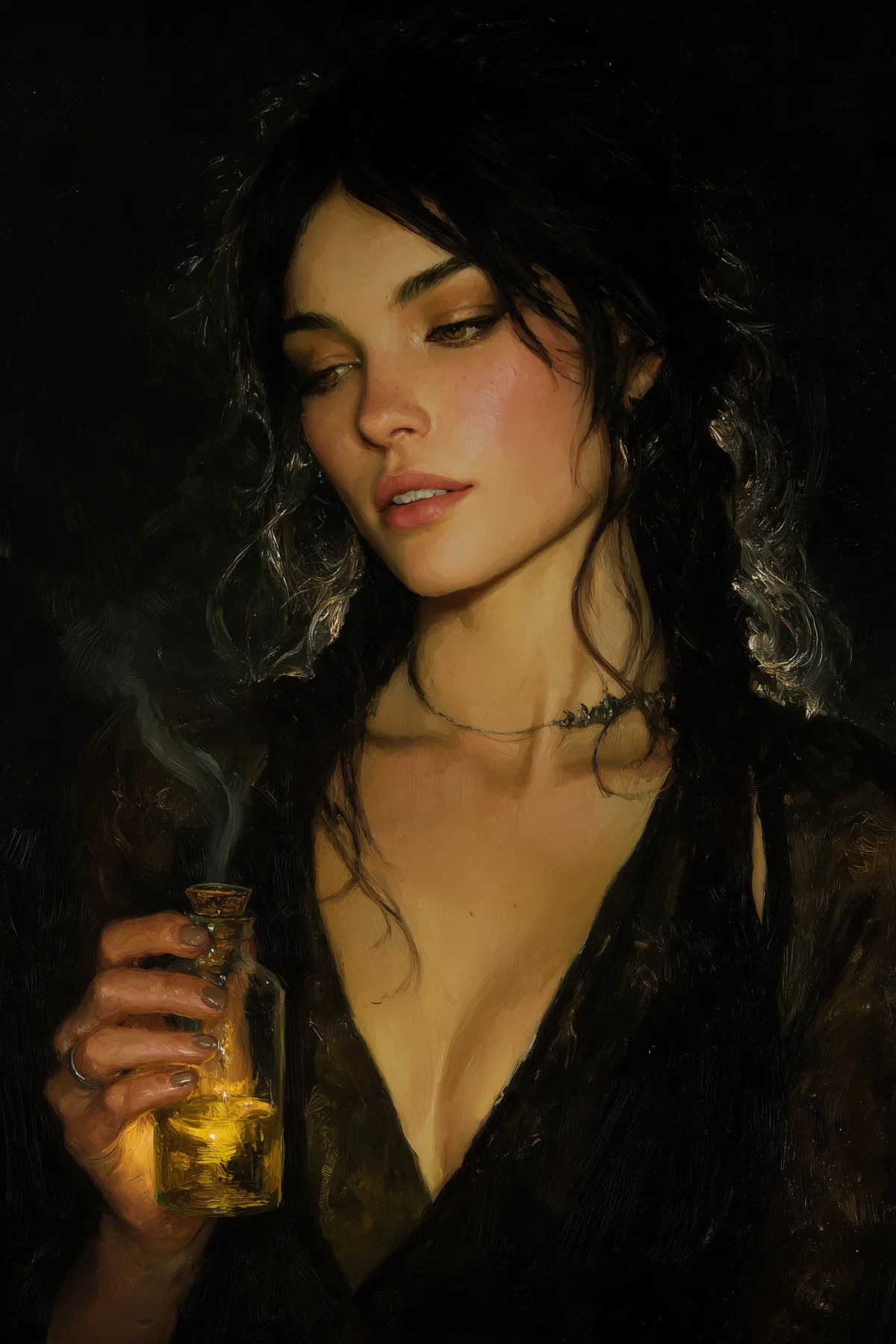 Slender dark-haired woman holding a goblet, bare-shouldered, in a shadowed setting.