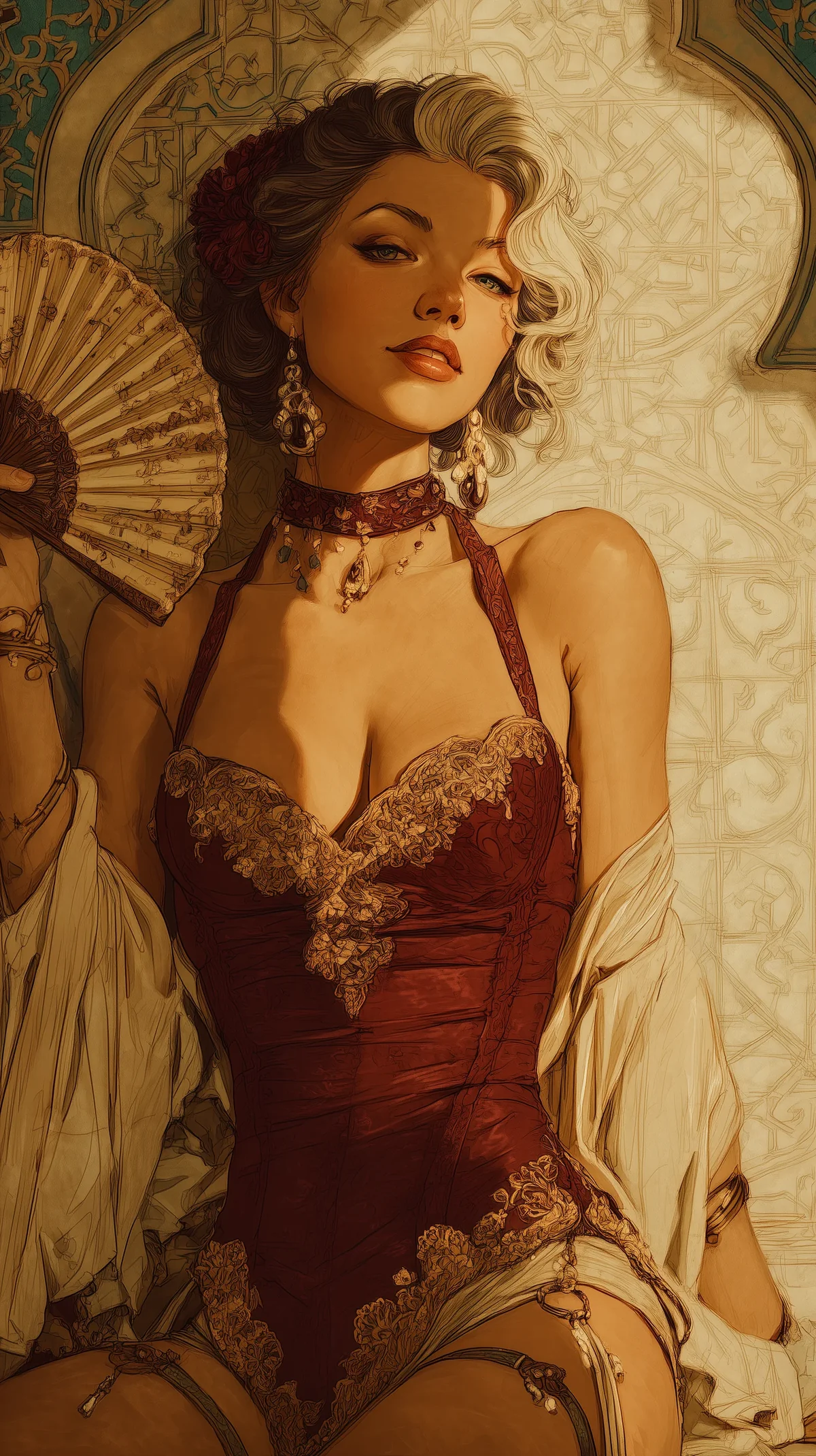 Auburn-haired woman in a beaded gold bodice and choker holding a lace fan, lit by warm light.