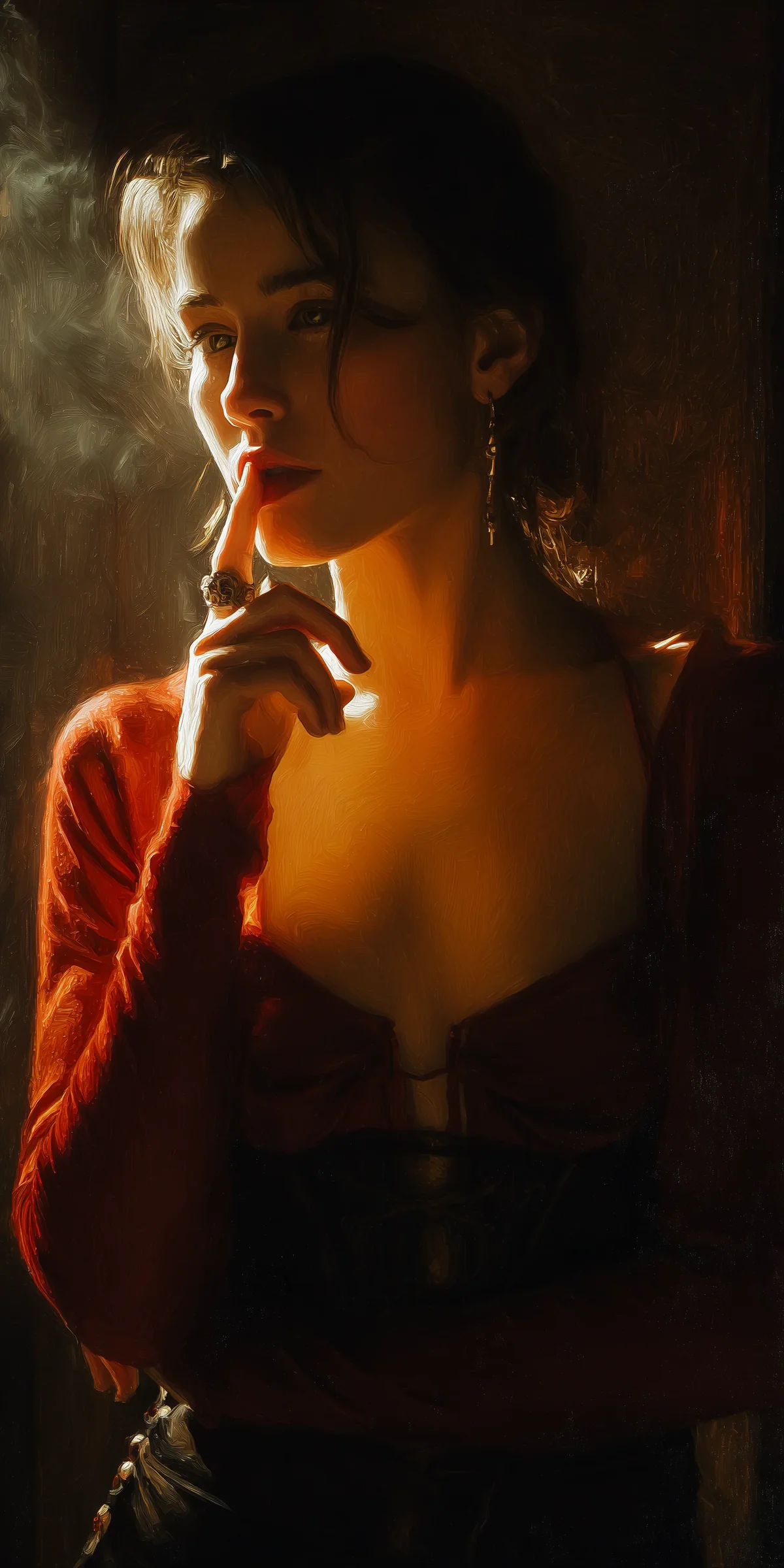 Dark-haired woman in a red bodice, half-lit, holding a finger to her lips, smoke in the air.