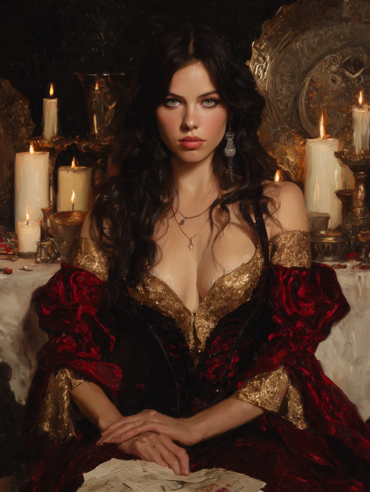 Dark-haired woman in a low-cut red velvet gown seated before a wall of lit candles.