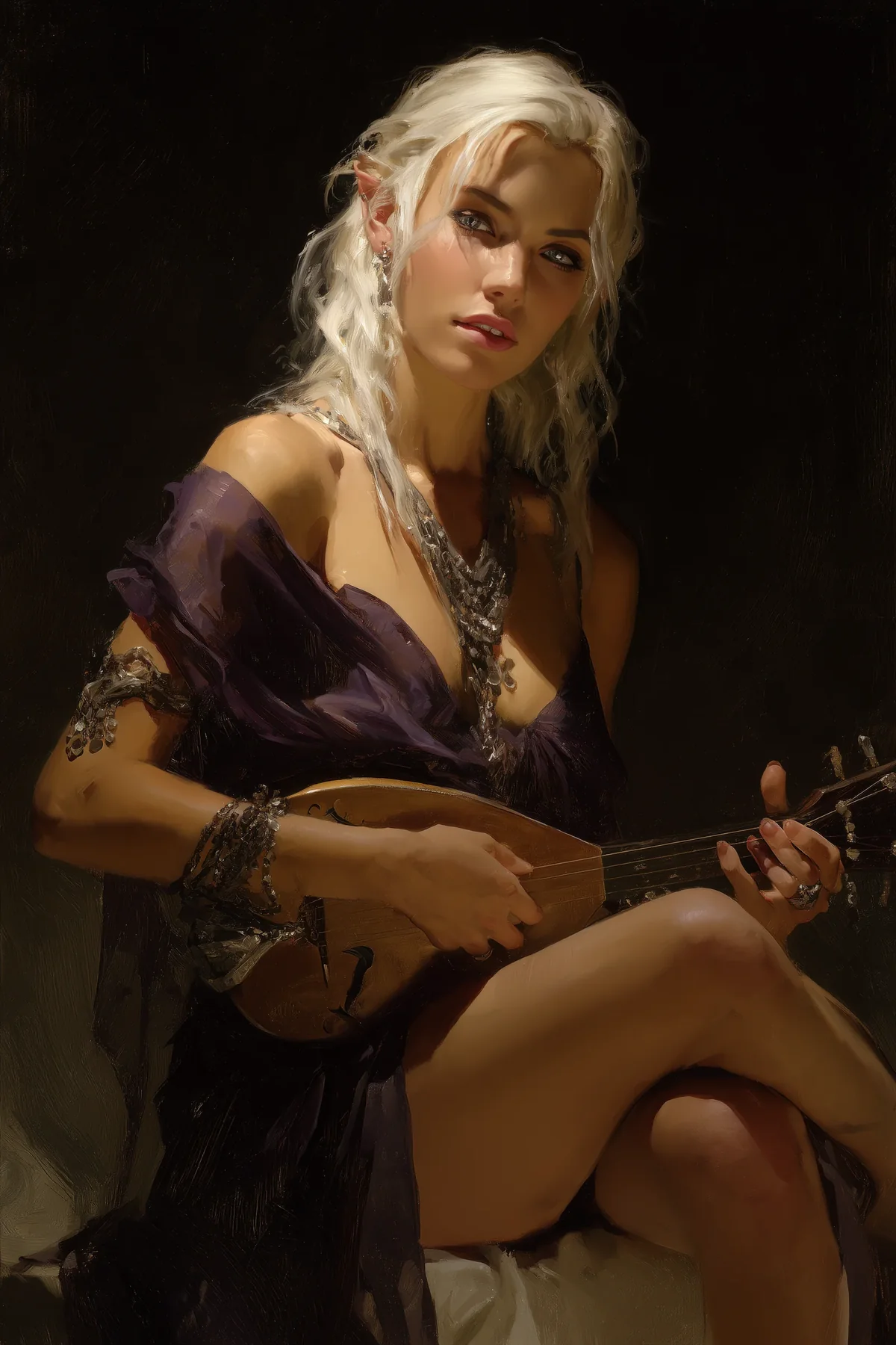 Blonde woman in a dark wrap holding a lute, seated with legs crossed.