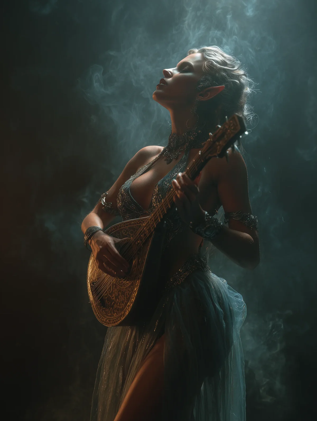 Elven woman with pointed ears playing a lute, face raised, in blue mist and shafts of light.