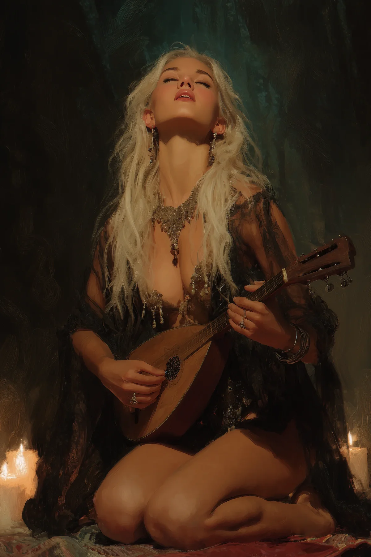 Blonde woman with long wavy hair kneeling among candles, playing a lute with her eyes closed.