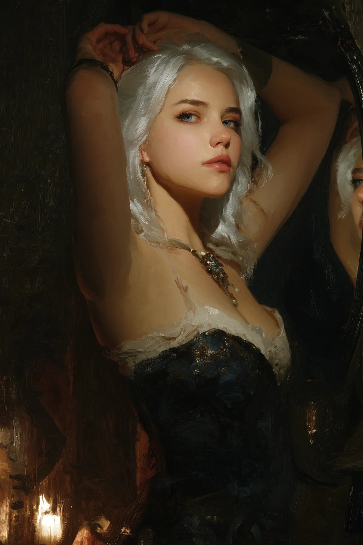 Woman with short silver-white hair, arms raised behind her head, in a dark corset with a pendant.