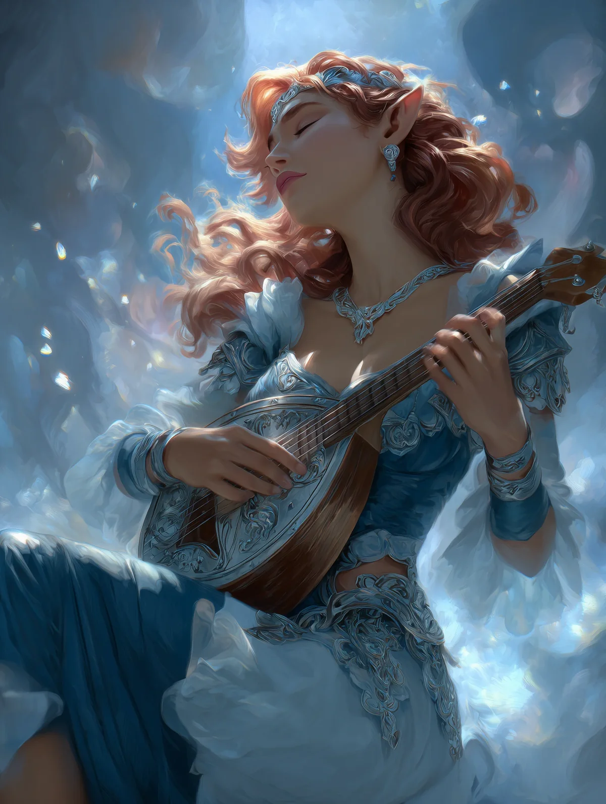 Auburn-haired woman playing a violin, surrounded by cool blue mist and light.
