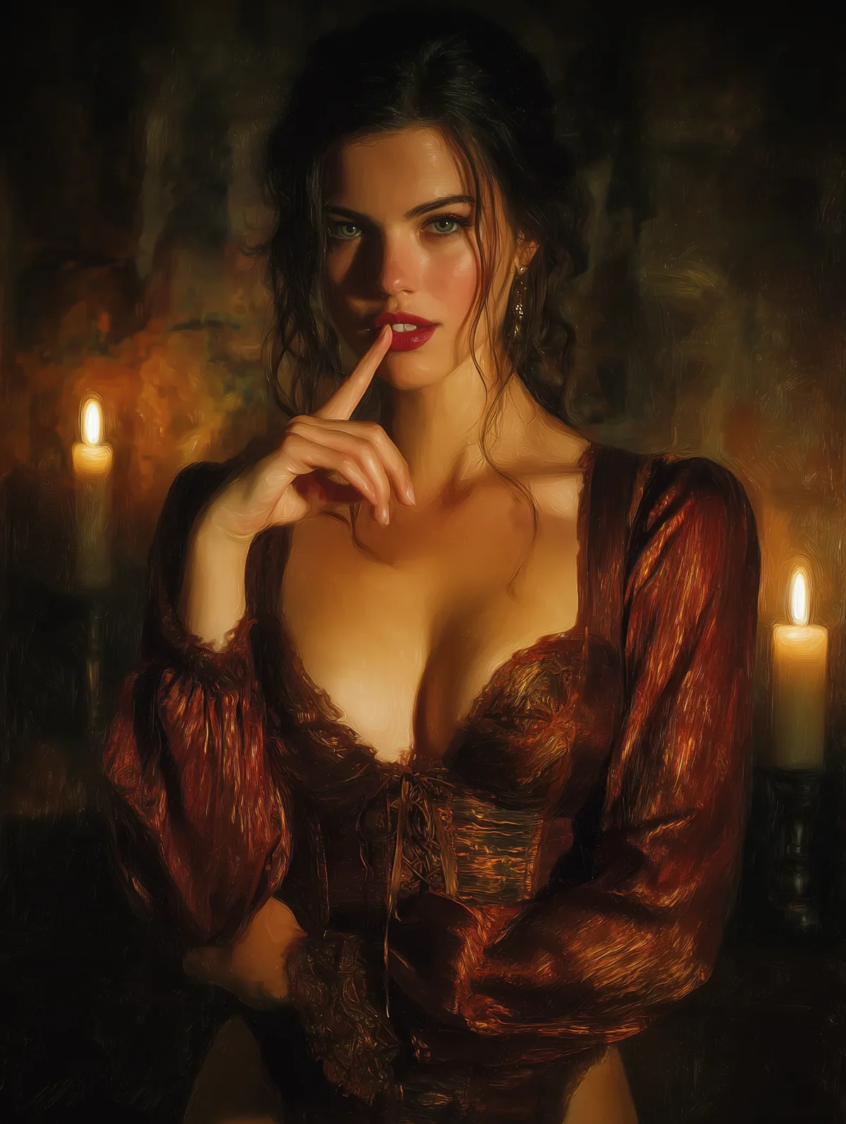 Dark-haired woman in a wine-red velvet gown holding a finger to her lips near a candle.