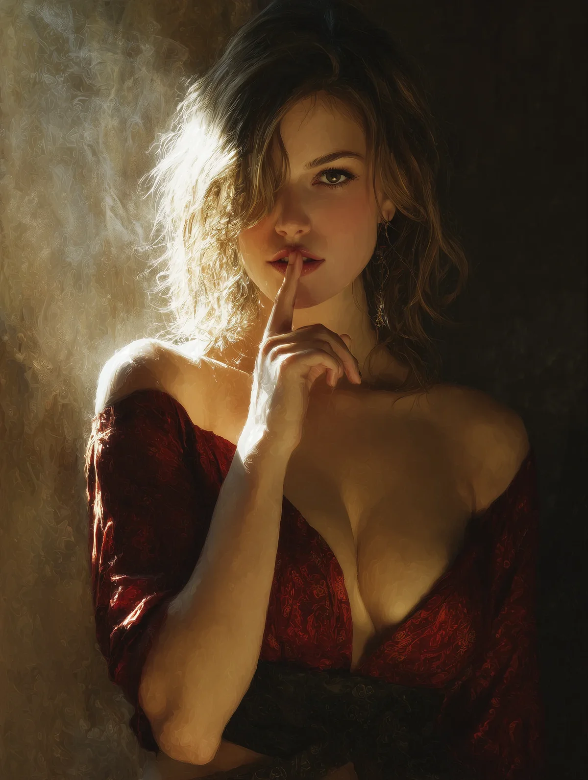 Dark-haired woman in a scarlet gown looking over her shoulder in warm light.