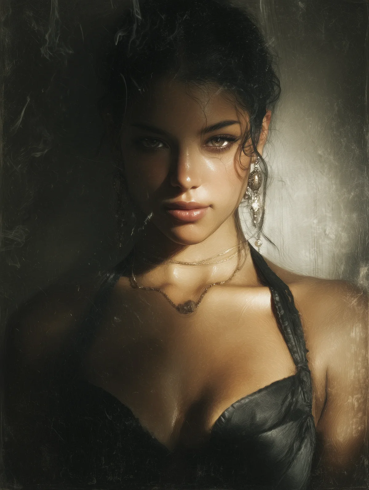 Dark-haired woman in a black bralette and gold hoop earrings against a near-black background.