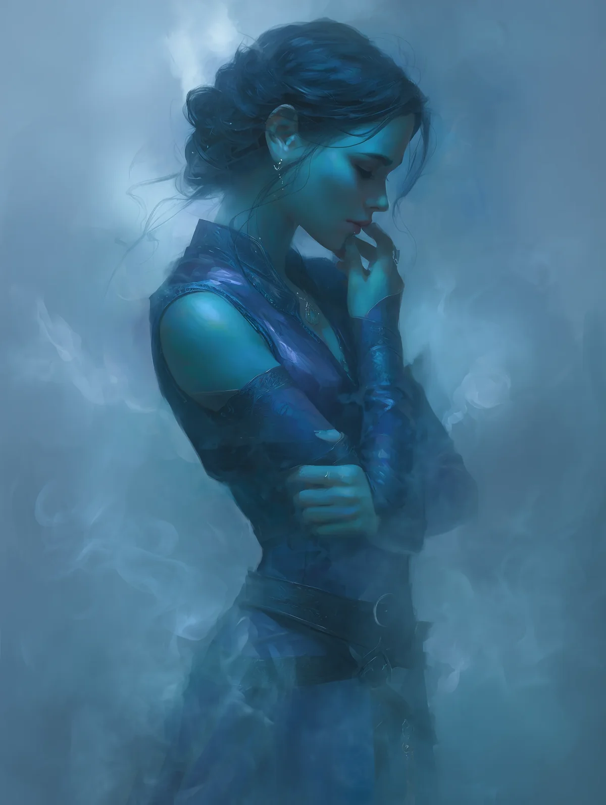 Woman in a low-cut dress lit in deep blue tones, head bowed, against a dark misty background.