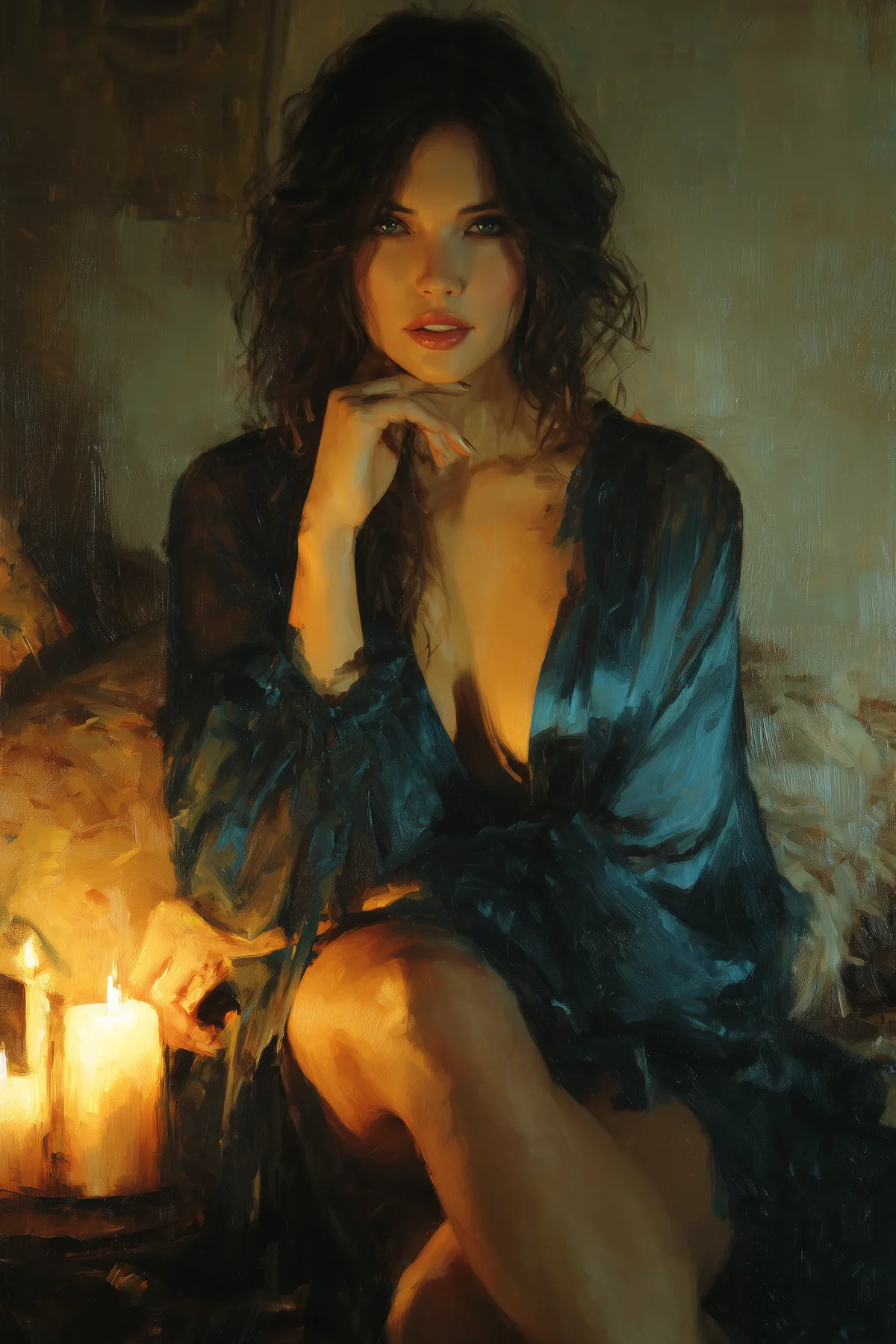 Oil-painting style portrait of an elegant dark-haired woman seated beside candlelight in a low-cut gown.