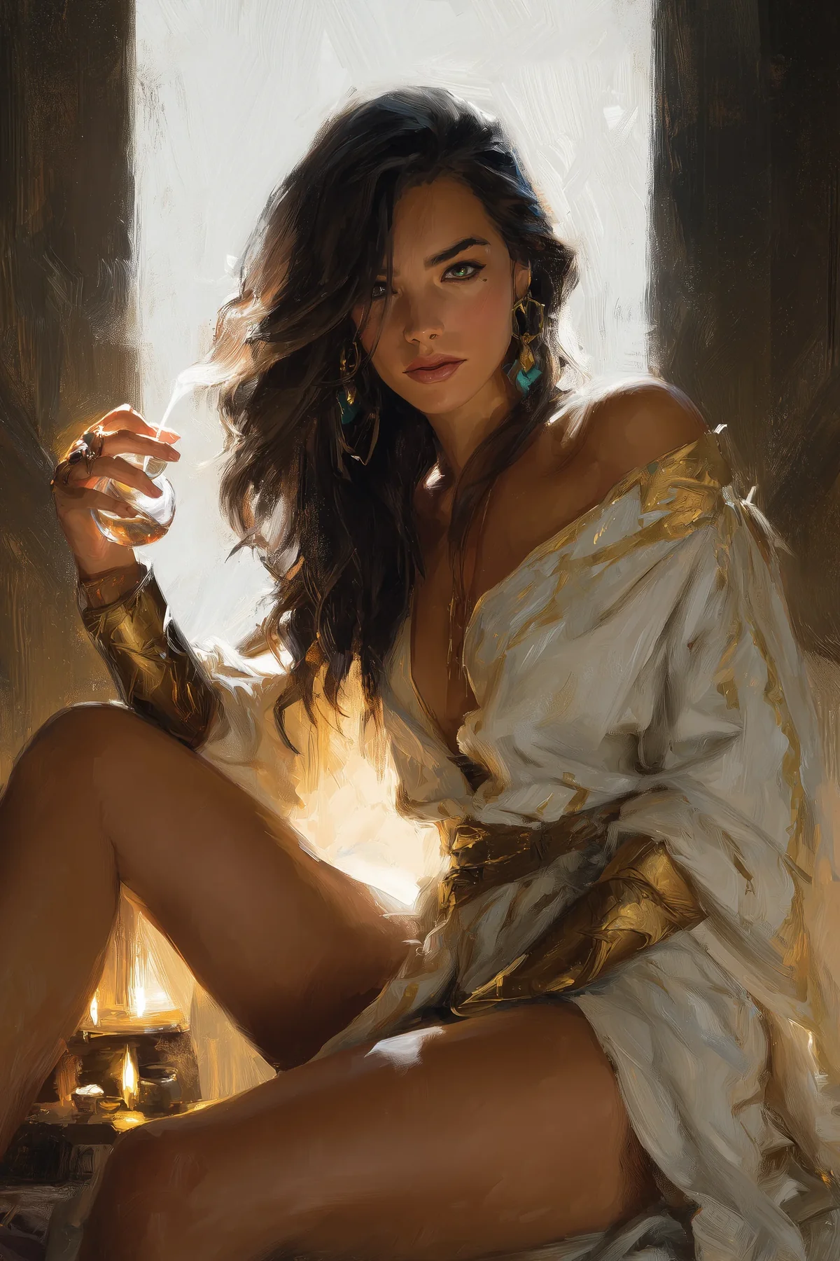 Oil-painting style portrait of a woman in a loose golden silk robe seated in warm amber light, one leg exposed.