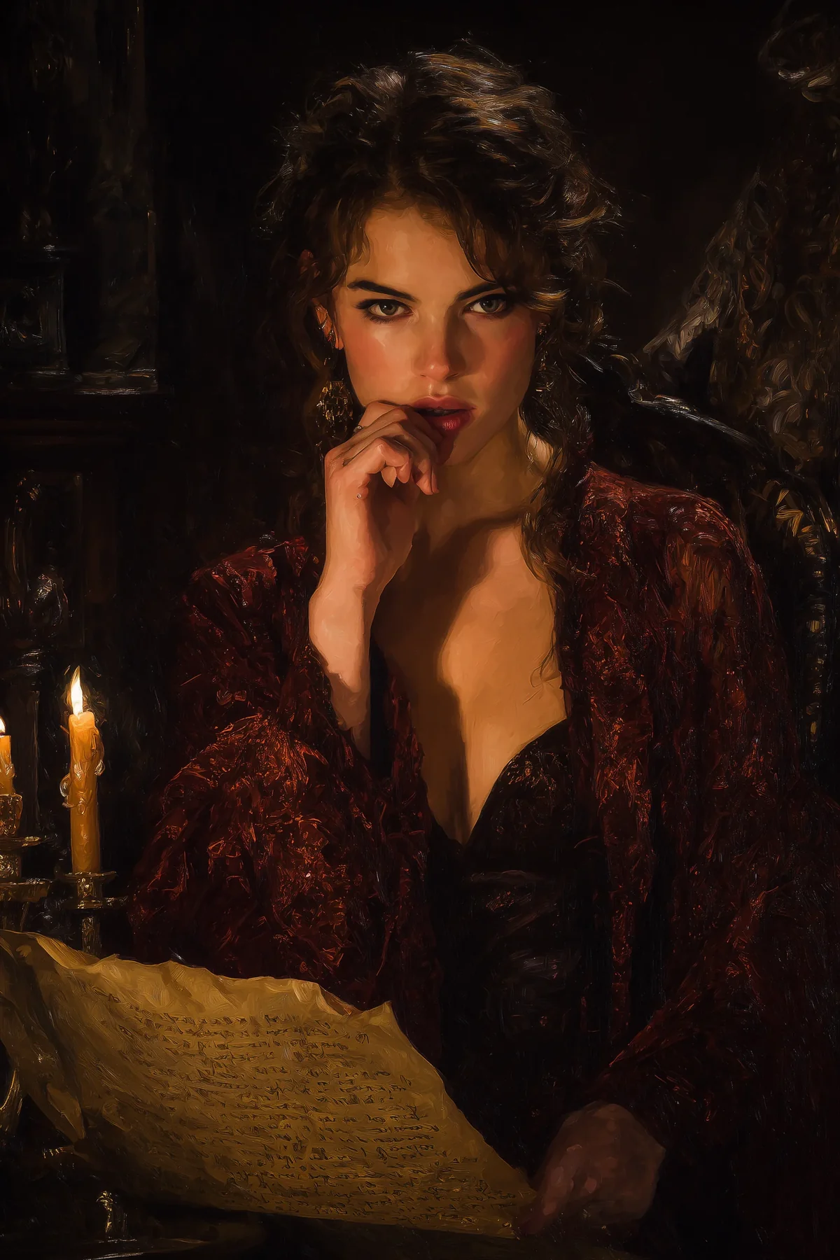 Oil-painting style portrait of a dark-haired woman in a red gown emerging from deep shadow.
