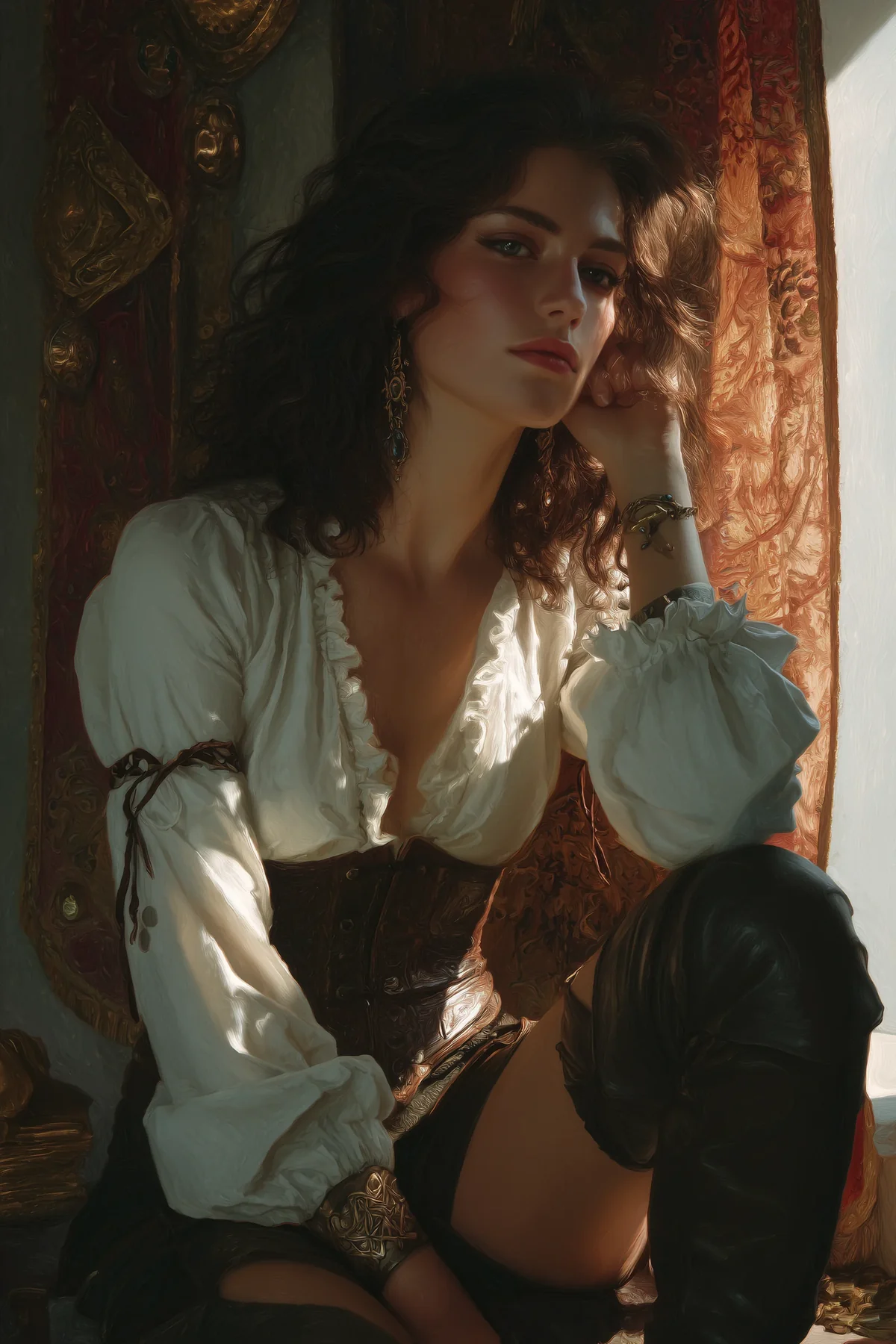 Dark-haired woman in a white blouse, dark corset and thigh-high boots, seated with her chin resting on her hand.