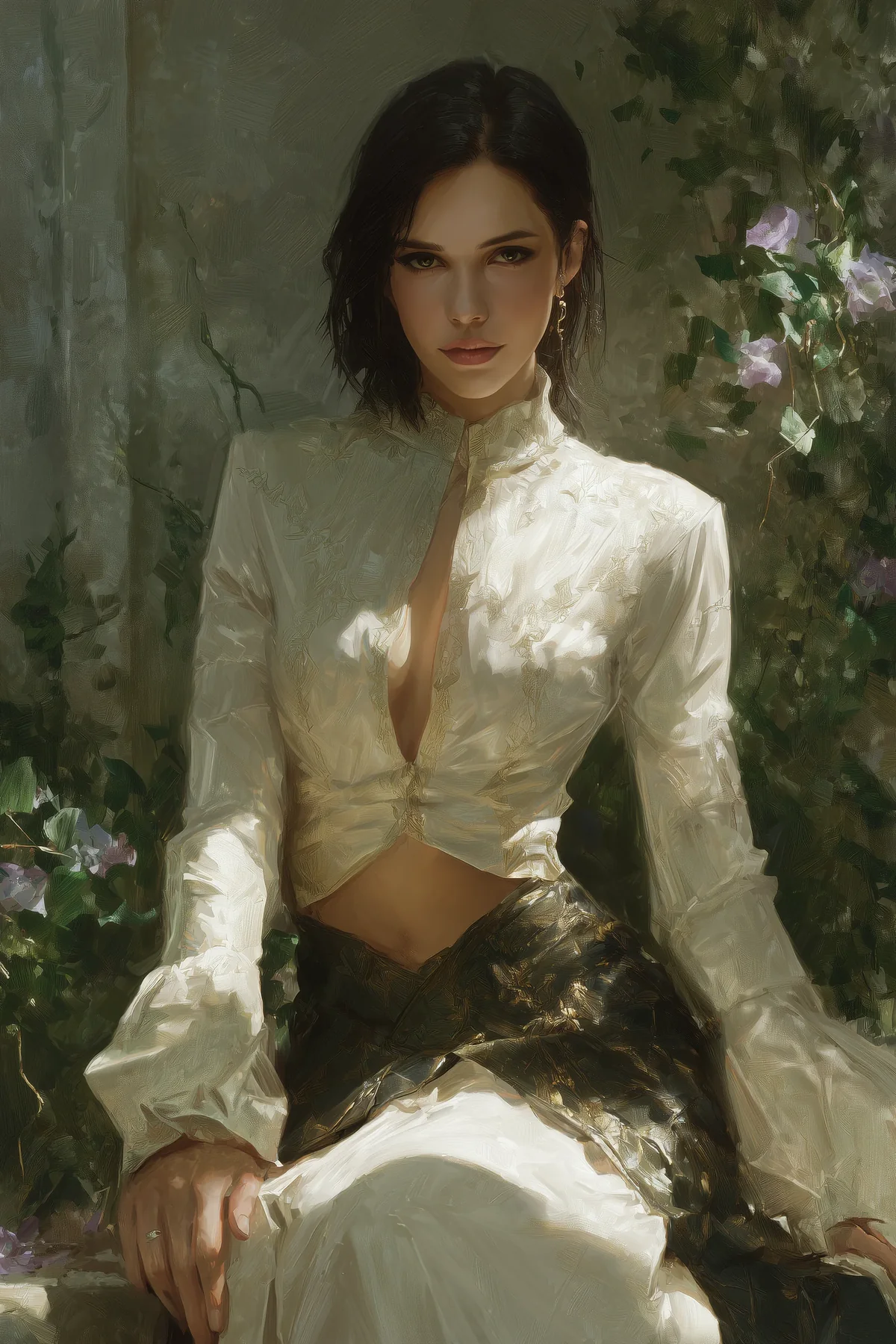 Pale dark-haired woman in a white lace high-necked blouse against a dim floral background.