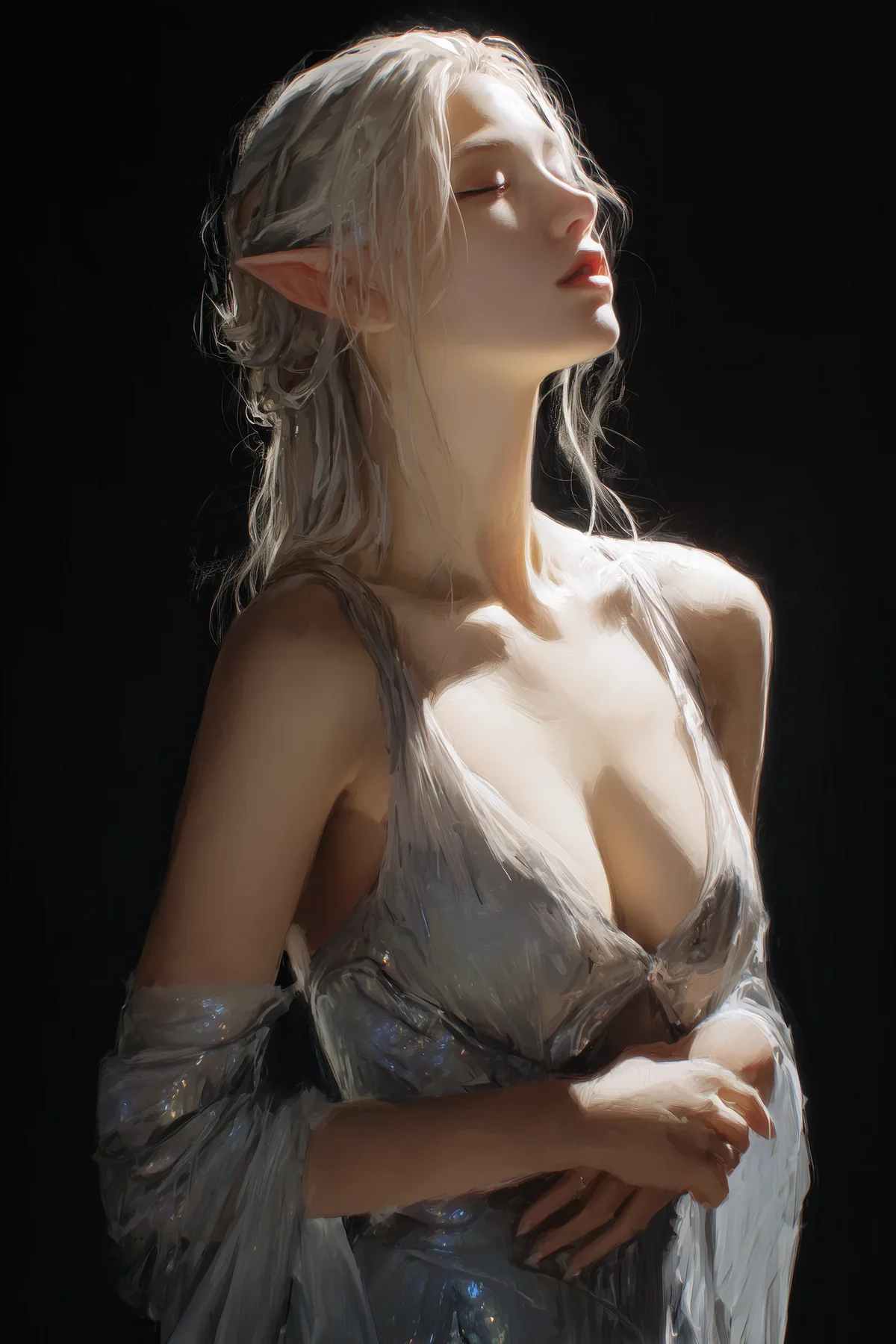 Pale-skinned elf woman with long white hair and pointed ears in loosely draped white silk against a muted background.
