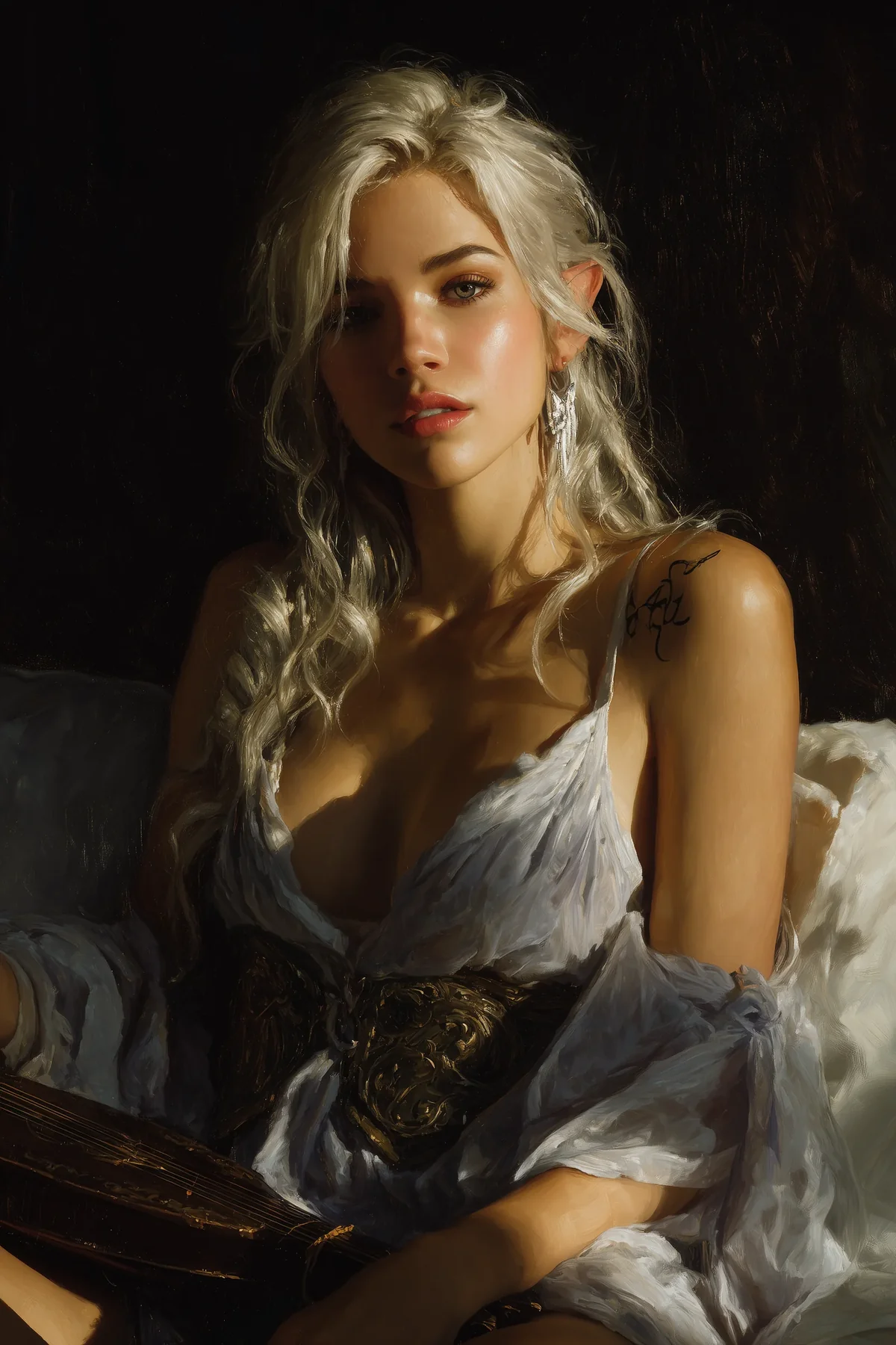 Blonde half-elf woman reclining on pale linen with loose ivory drapery slipping off one shoulder.