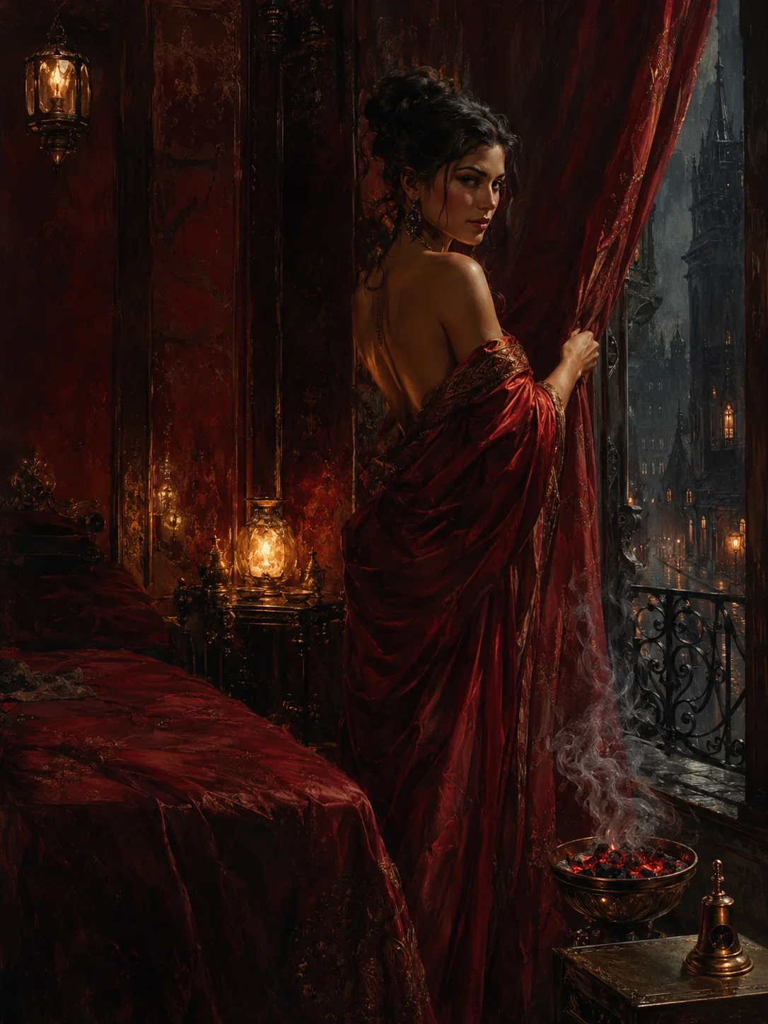 Dark-haired courtesan in deep red House silk slipping from one shoulder, warm candlelit bronze skin, regarding the viewer with a composed, knowing gaze in a dim red chamber.