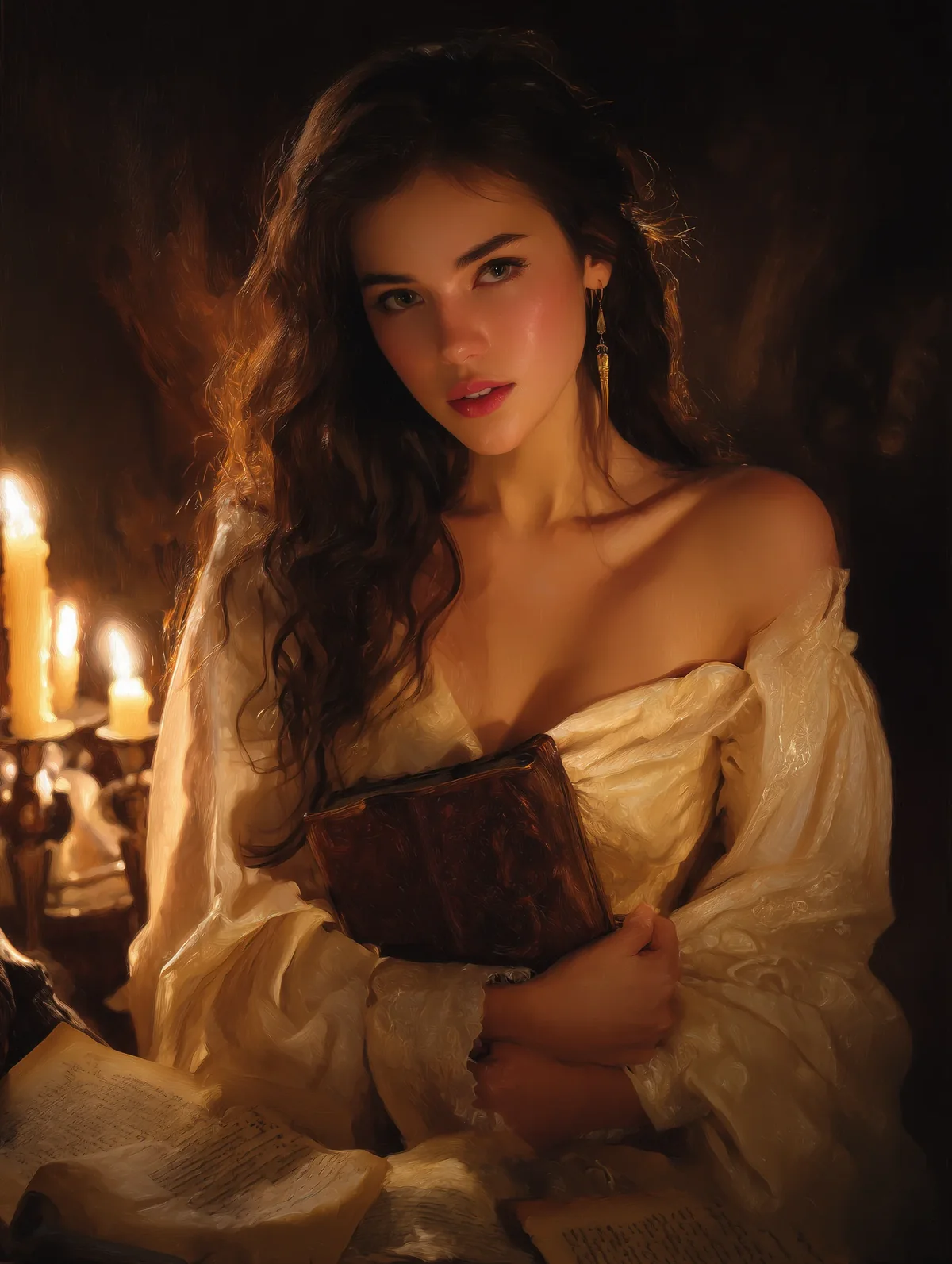 Young woman in a loose off-shoulder ivory blouse holding a small book in candlelight.
