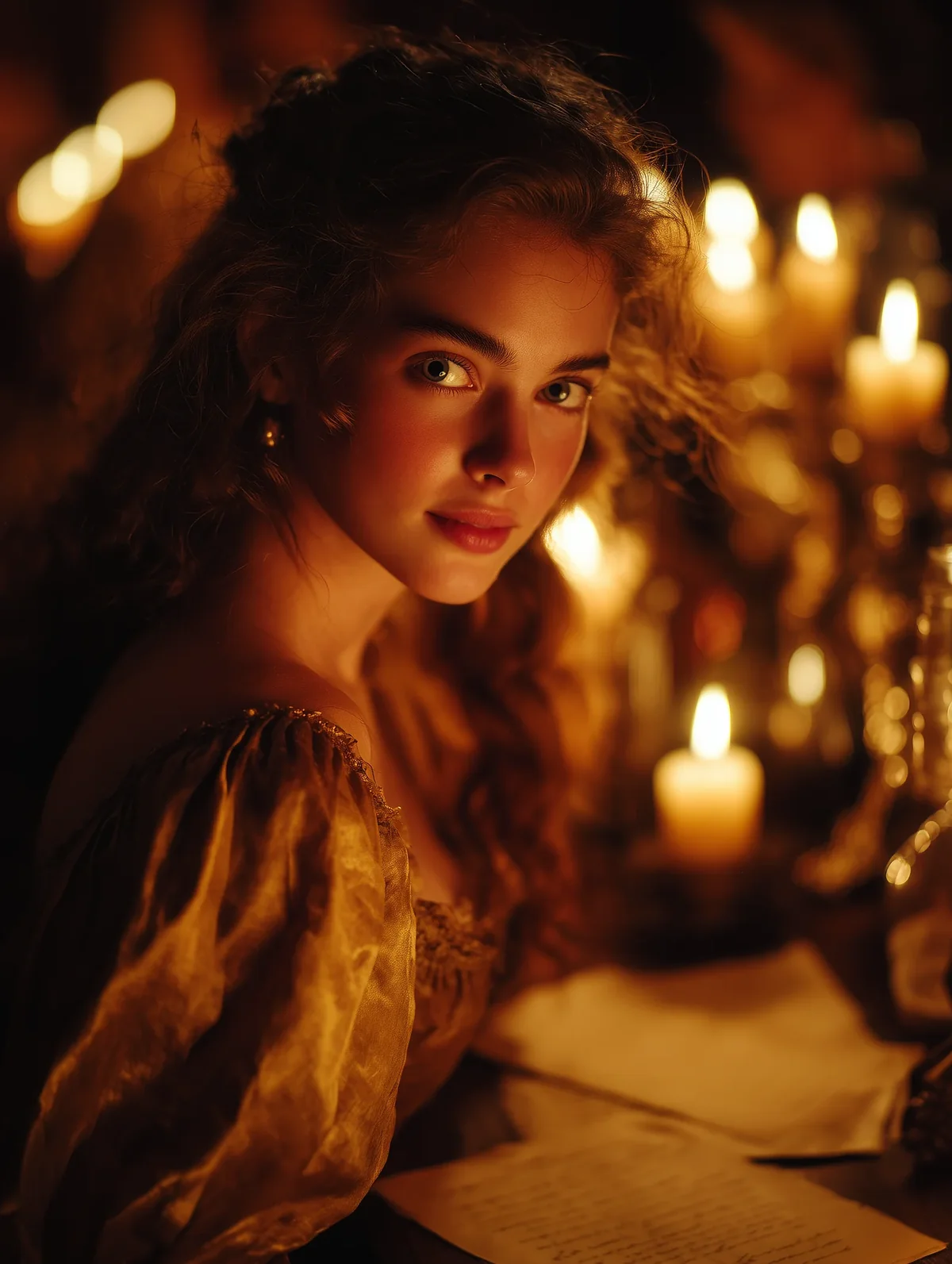 Young woman with loose curls in a draped gown leaning toward a cluster of lit candles.
