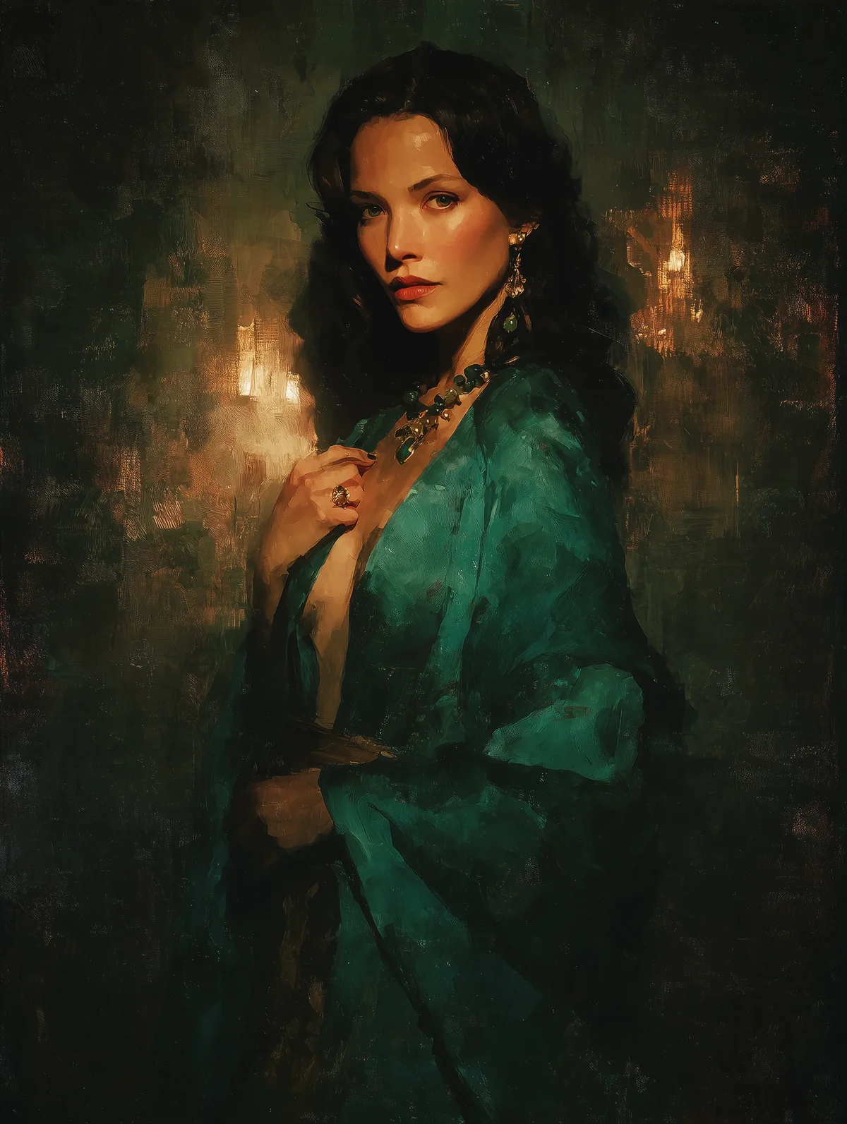 Dark-haired woman in an open emerald-green robe standing in a dim candlelit room.