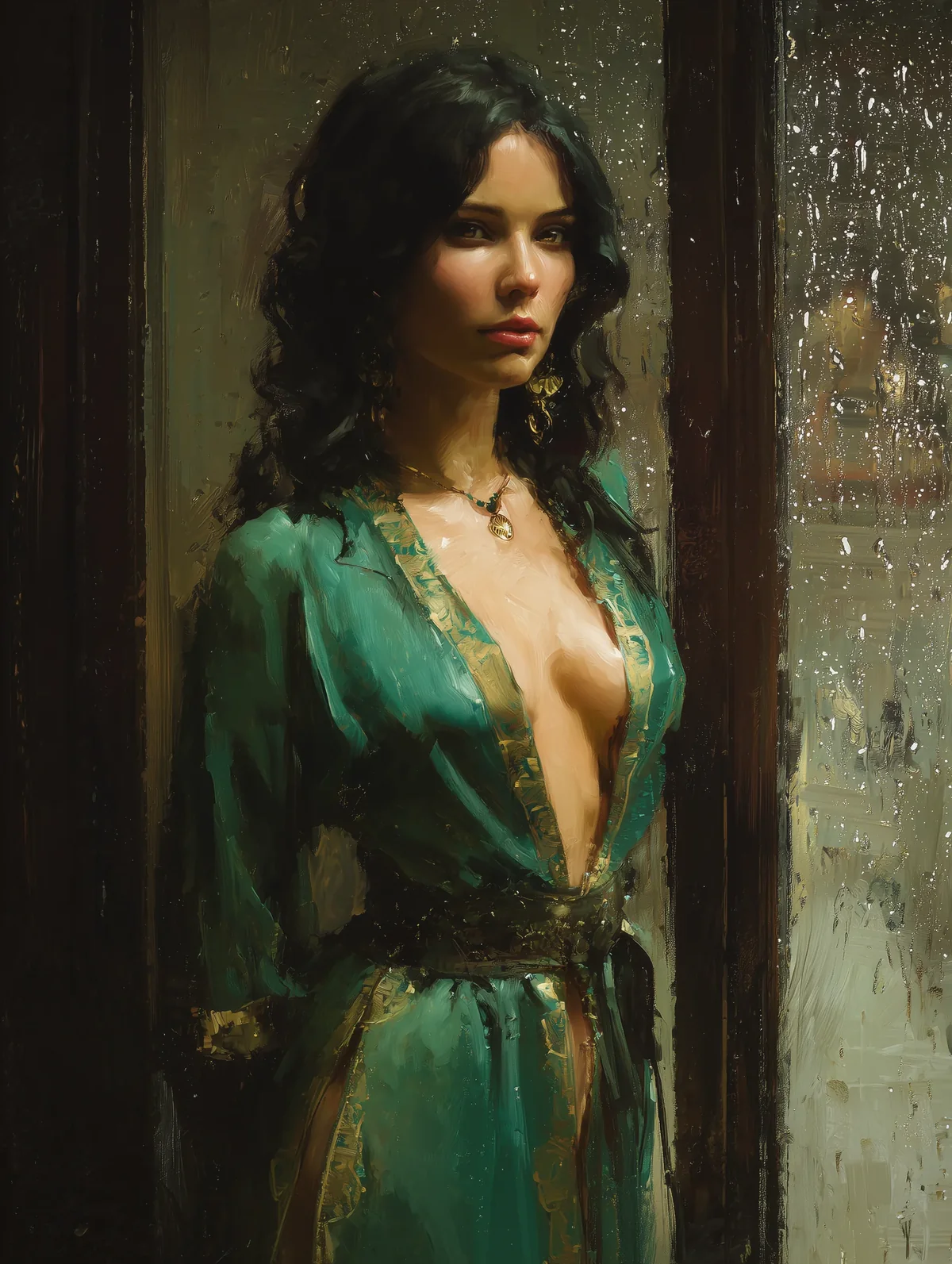 Woman in an open sea-green draped gown standing before a rain-streaked window in low light.