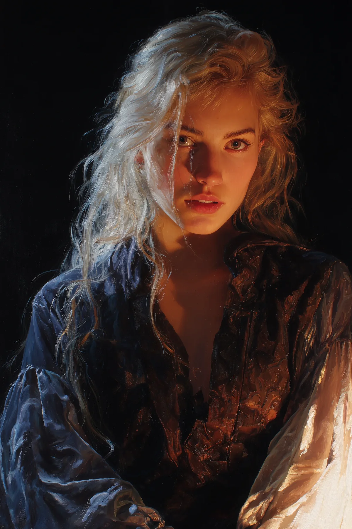 Pale silver-haired woman lit from the side in a dark, painterly setting.