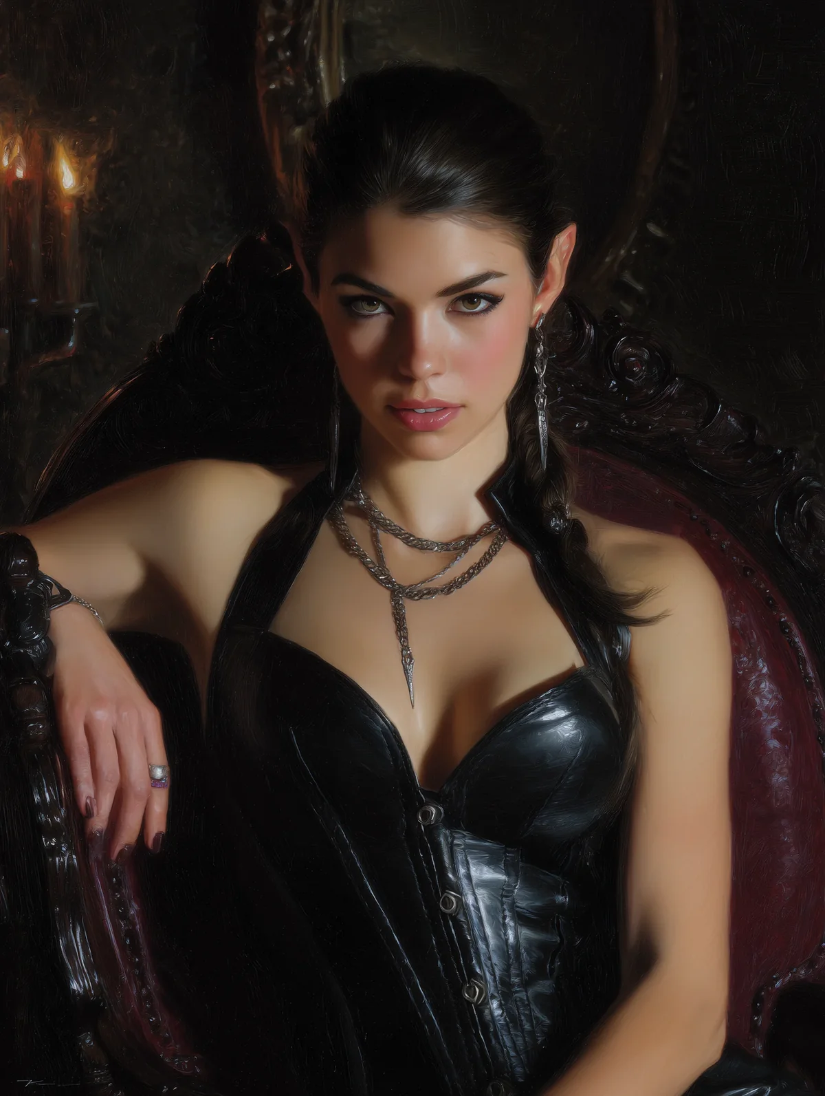 Black-haired woman in a black leather bodice and choker seated in a dim ornate room.