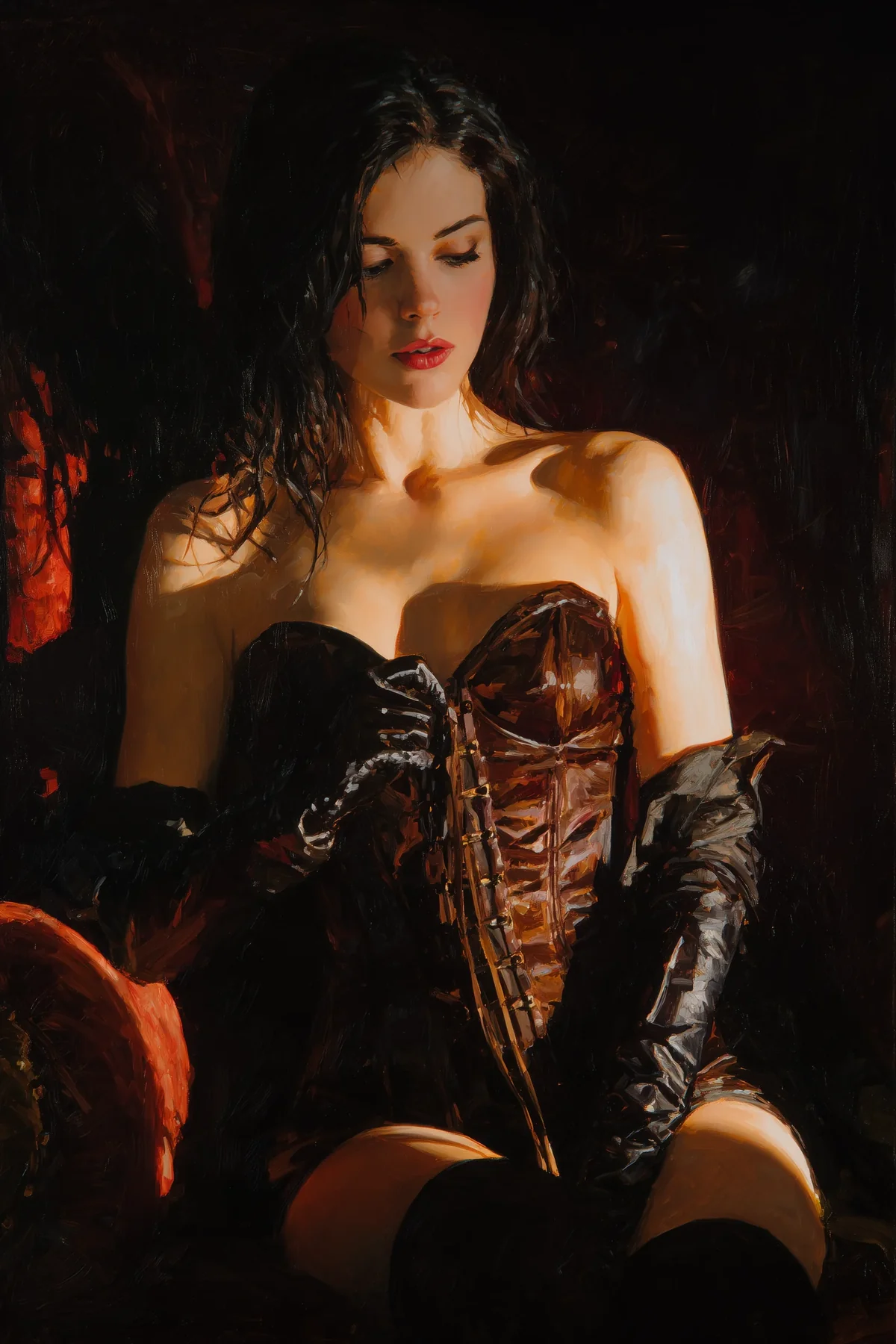 Dark-haired woman in a crimson corset and long black gloves seated in shadow.