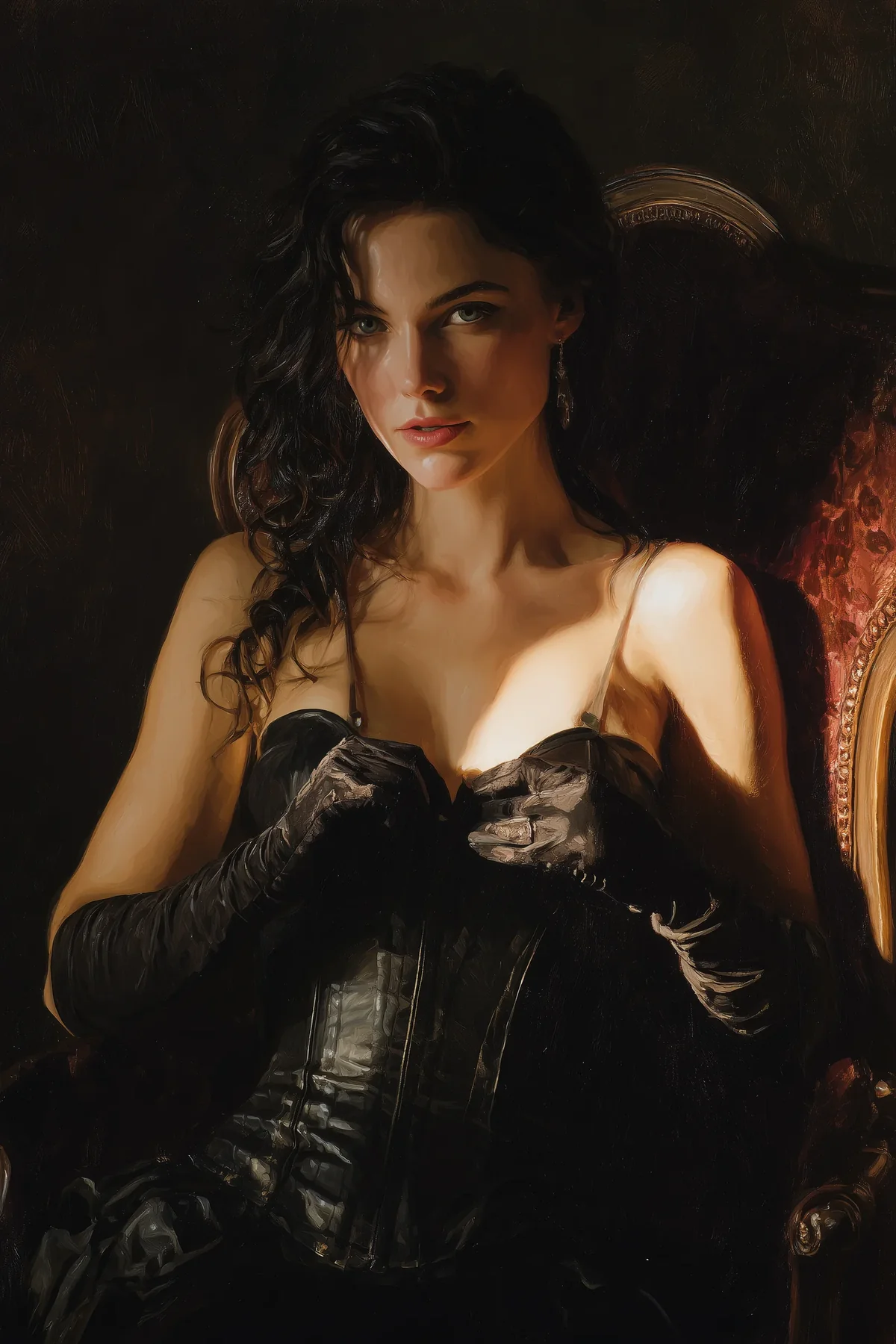 Dark-haired woman in a black leather corset and long gloves, seated in a red velvet armchair.