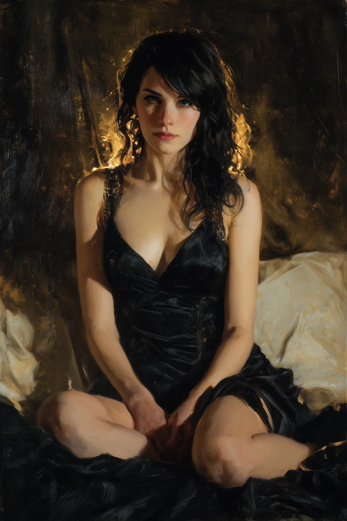 Dark-haired woman in a black velvet slip dress sitting cross-legged on a bed.