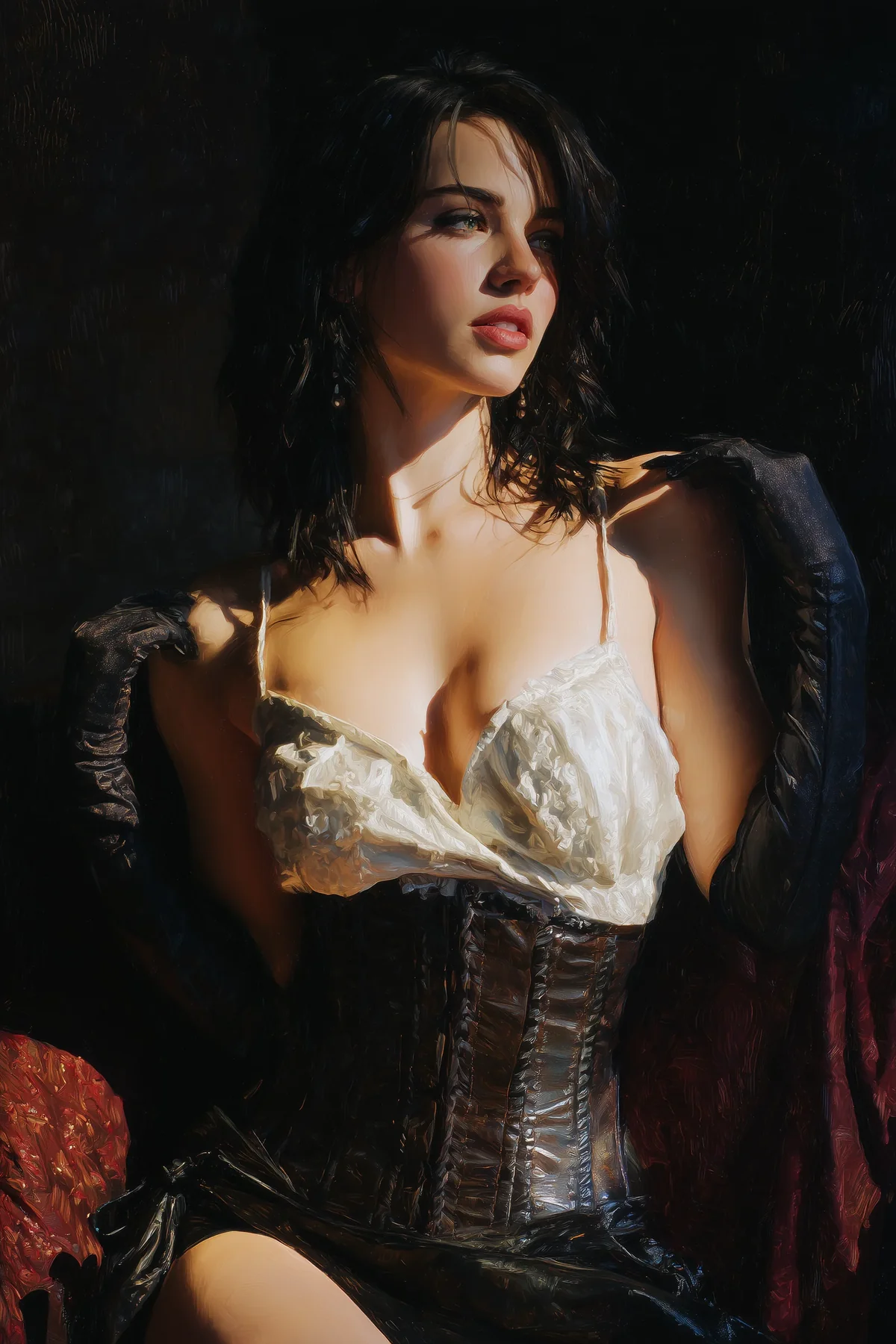 Black-haired woman with pale skin in a dark velvet gown set against deep shadow.