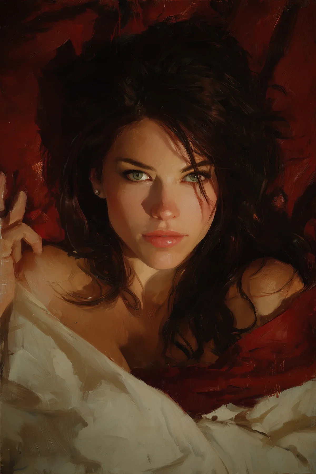 Auburn-haired woman reclining against red and dark draped fabric in warm low light.