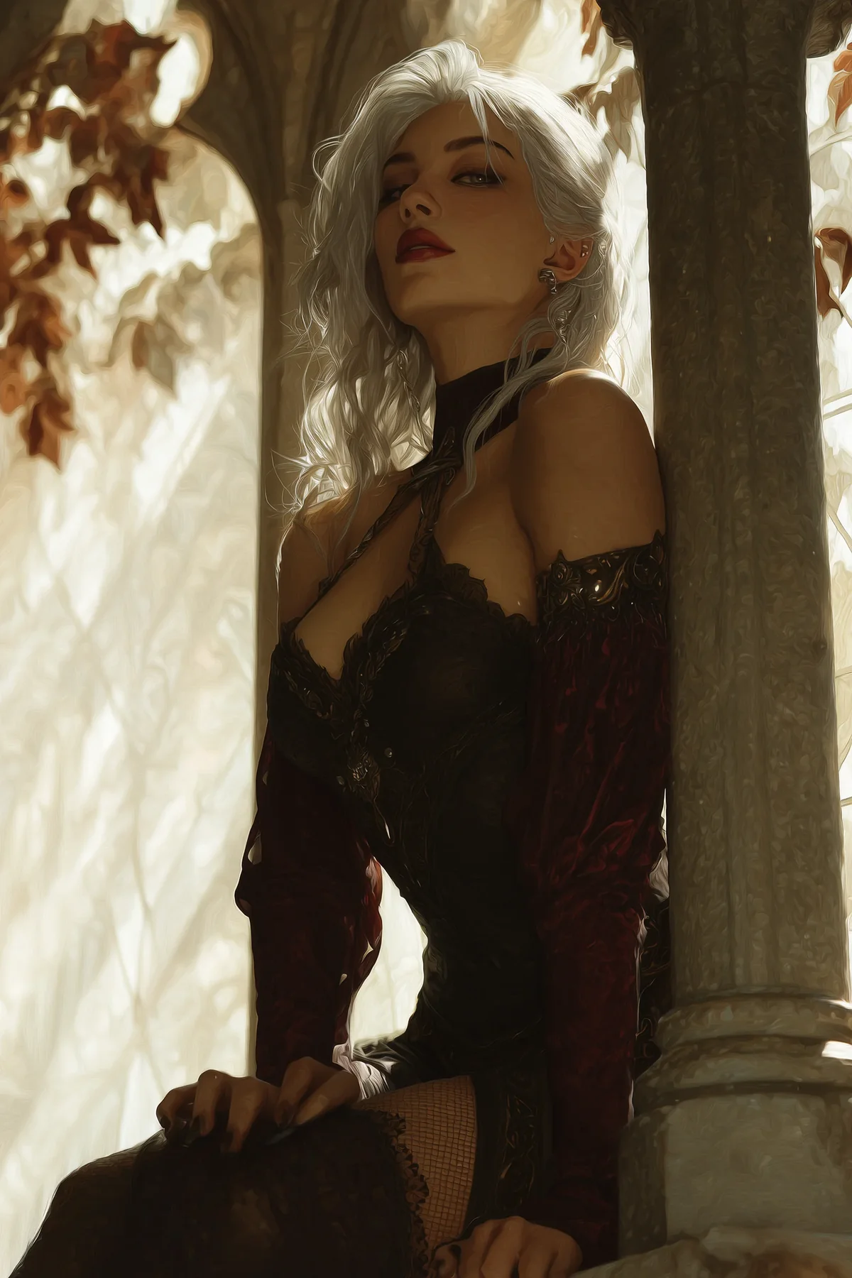 Dark-skinned woman with silver-streaked hair in a sheer dark gown, standing among stone columns in soft light.