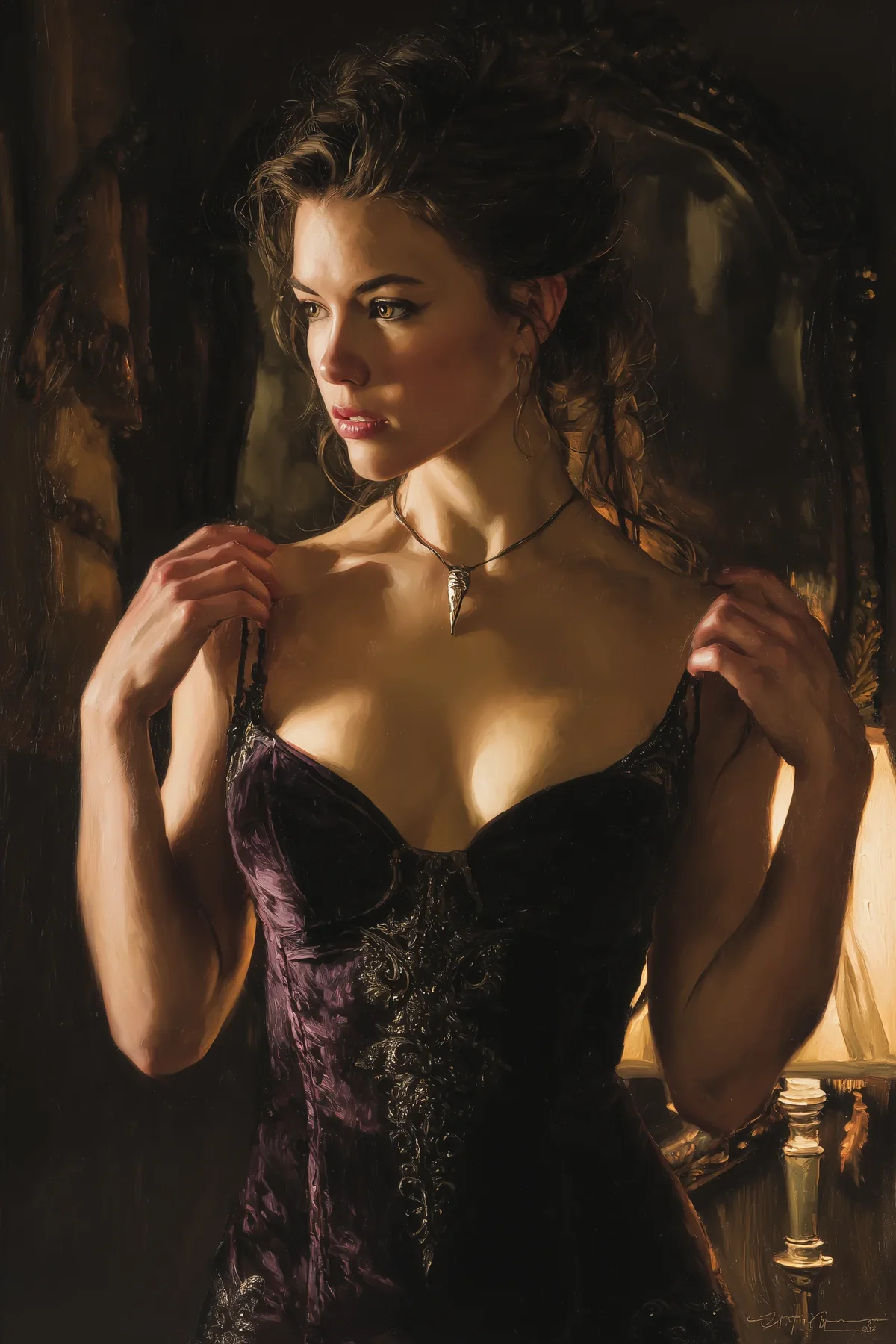 Auburn-haired woman in a crimson corset adjusting her bodice, hands raised, in warm dim light.