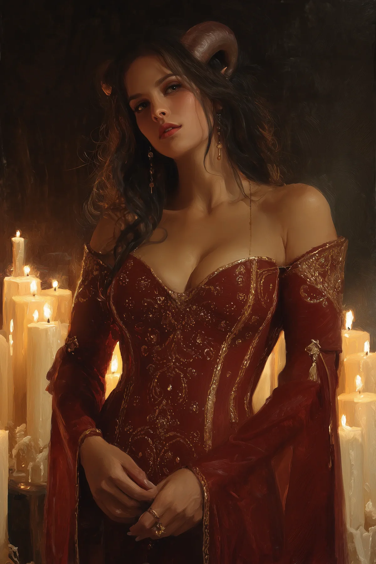 Horned woman with bare shoulders in an off-shoulder red beaded gown near candles in a dark room.