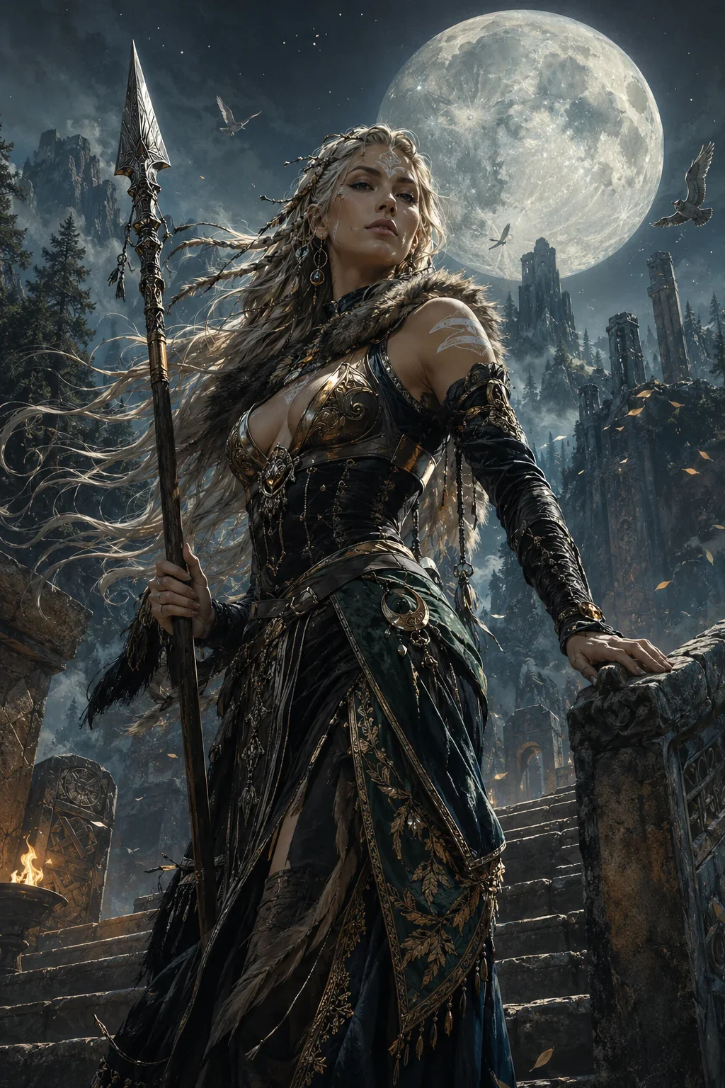 Blonde warrior-priestess in a gold bodice and fur mantle holding a spear on ruined steps, beneath a huge full moon with birds in flight.