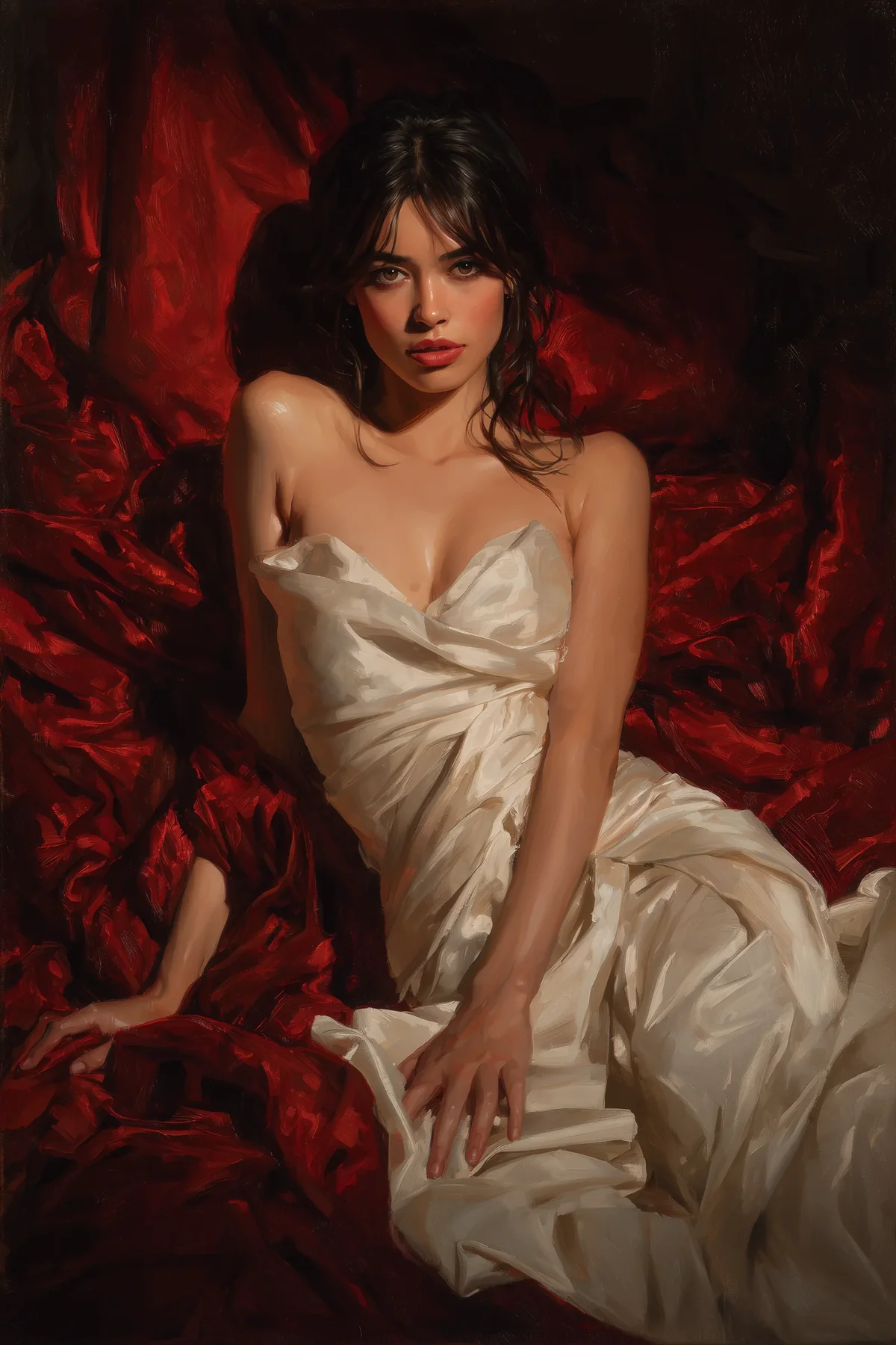 Seated woman with wet dark hair in a pale strapless gown before a red painted backdrop.