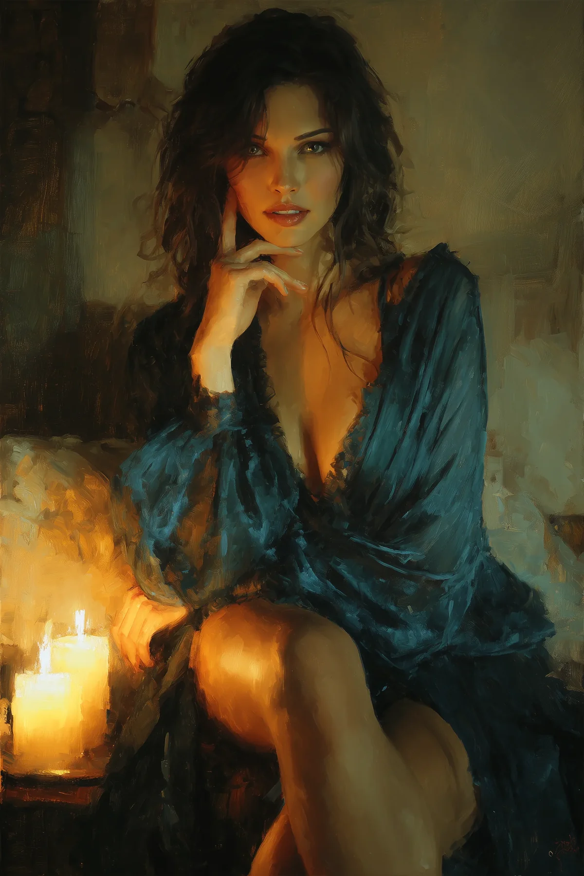 Dark-haired woman in a teal robe seated alone beside a lit candle in a painterly interior.