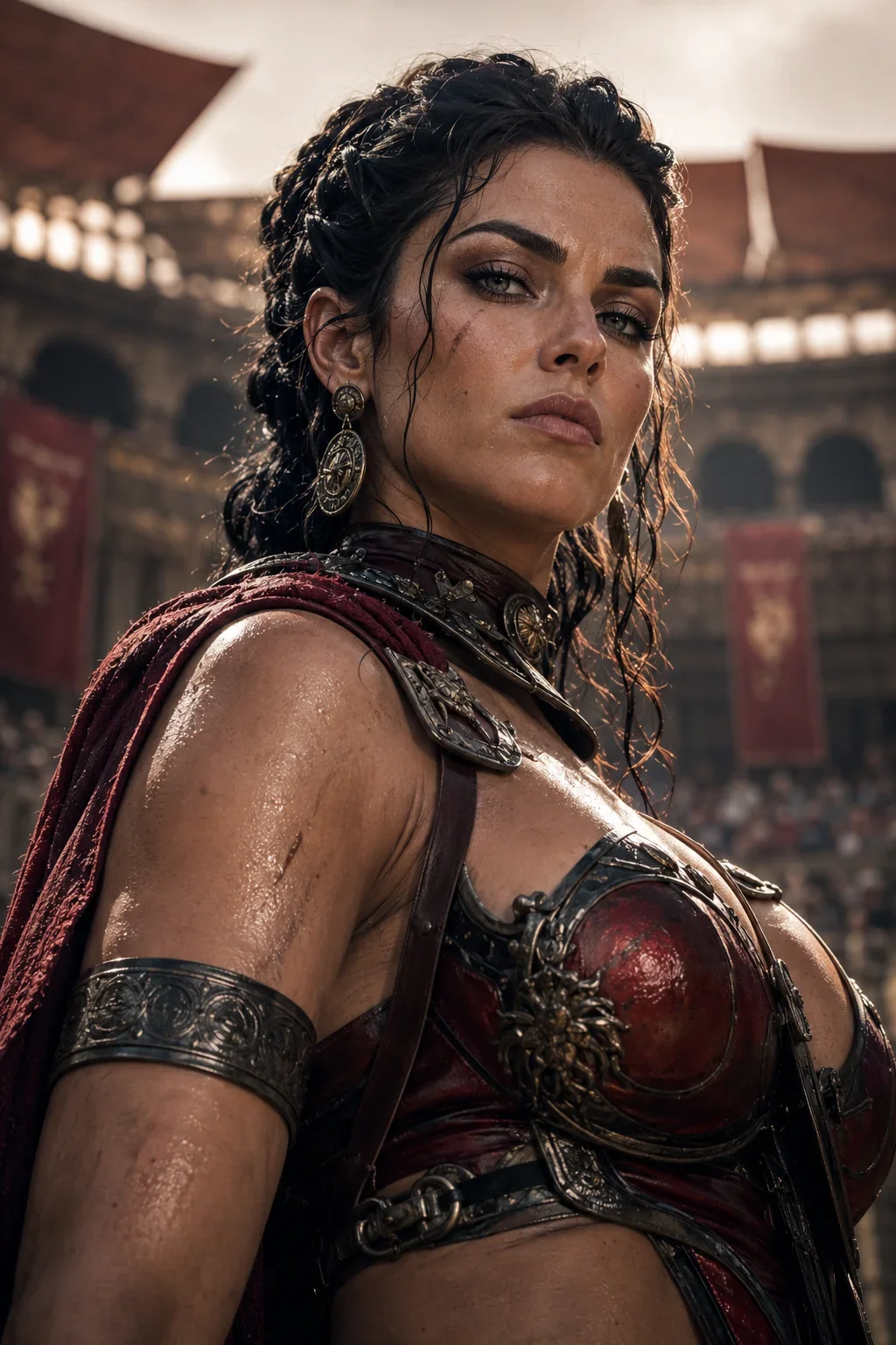 Muscular dark-haired woman in red-and-bronze gladiator armor with a red cape and a facial scar, standing in a crowded arena with banners.