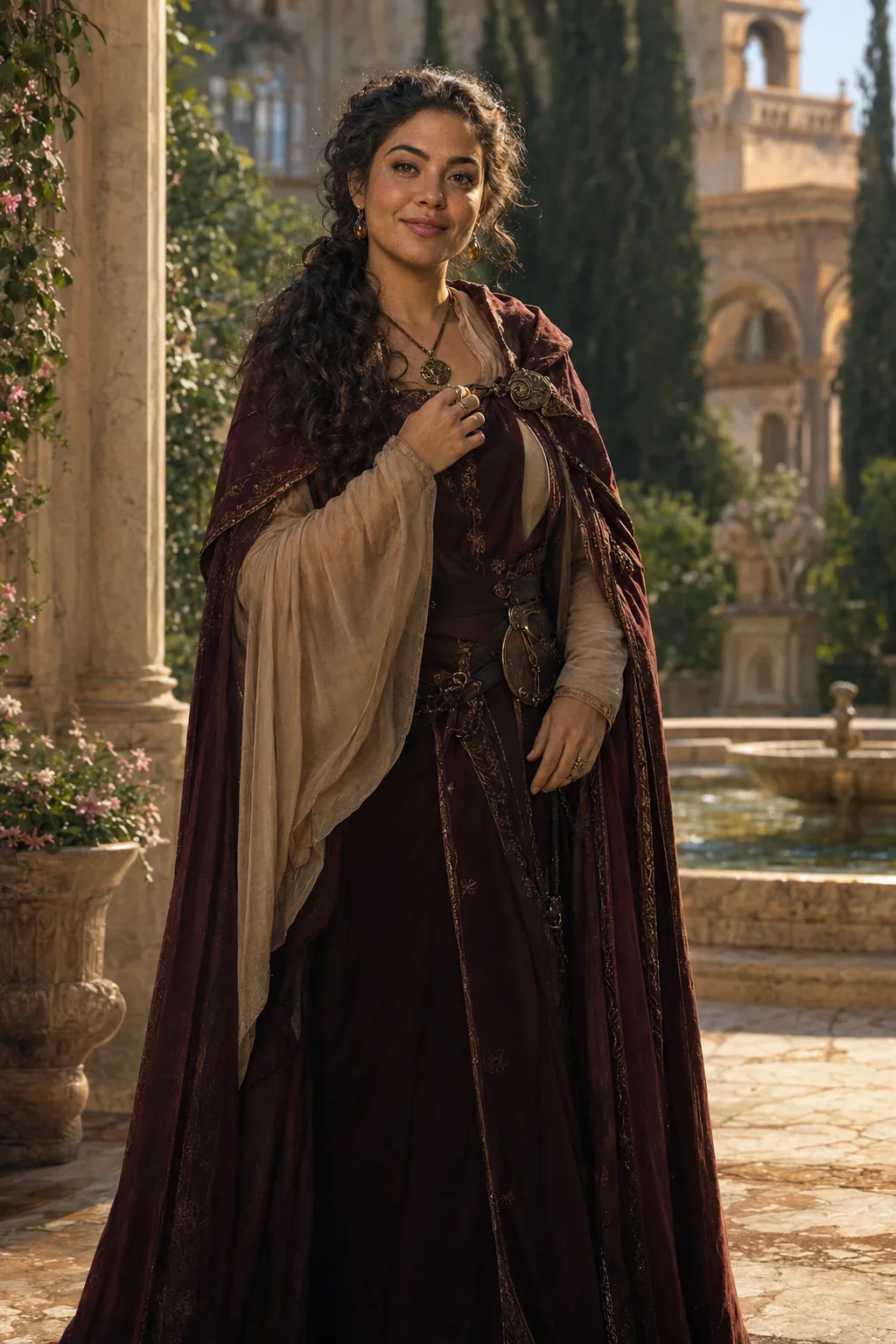 Curly-haired woman in a deep burgundy cloak and gown with a pale shawl, smiling in a sunlit Mediterranean garden with a fountain and cypress trees.
