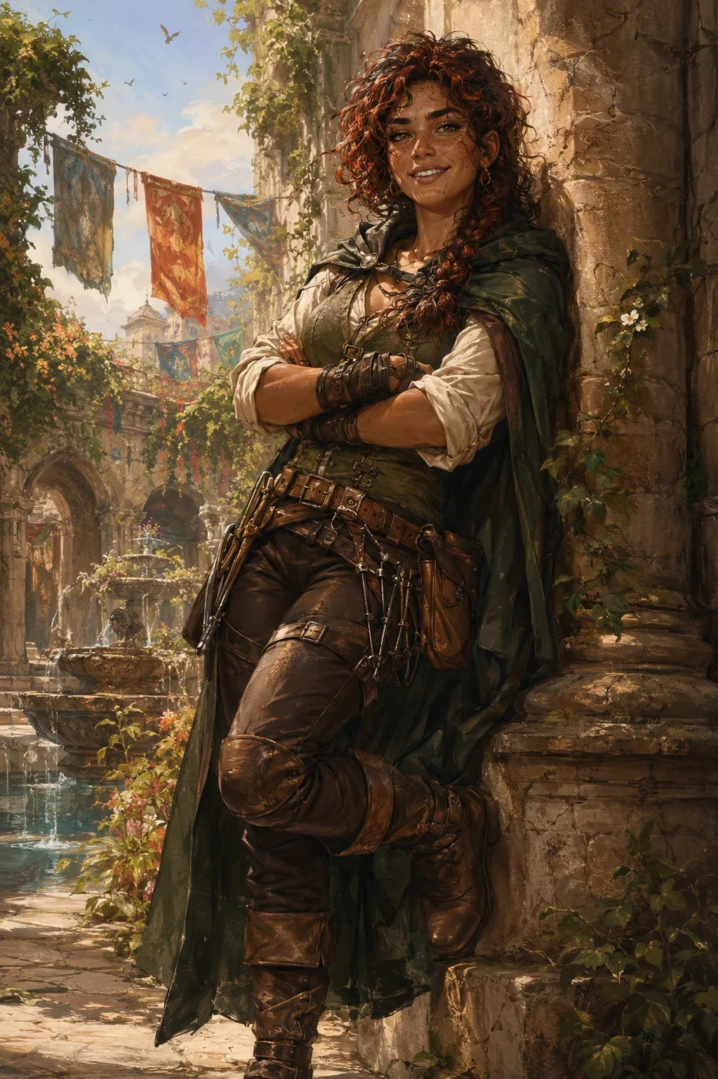 Curly red-haired woman in a green cloak and leather rogue gear, arms crossed and smiling, leaning on a stone column in a sunlit town square with a fountain and banners.