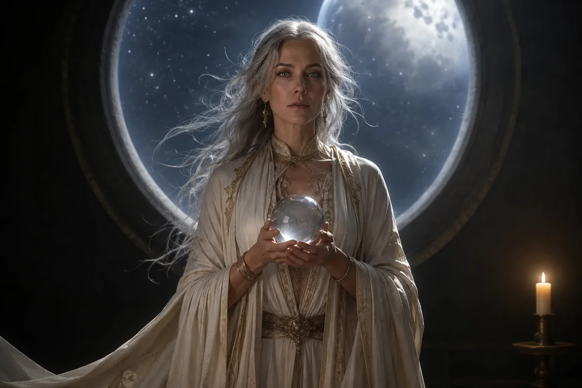 Silver-haired older woman in a white-and-gold robe holding a glowing crystal orb before a large round moon window, with a candle nearby.
