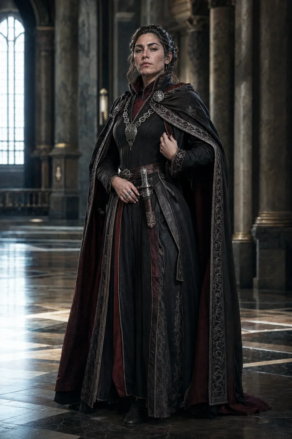 Stern middle-aged woman in a black and dark-red robe with a chain of office and a belted dagger, standing in a vast marble hall.