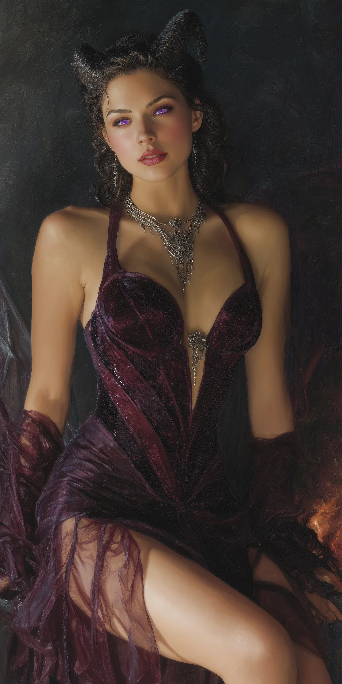 Horned tiefling woman in a sheer plum-colored dress seated against a dark backdrop.