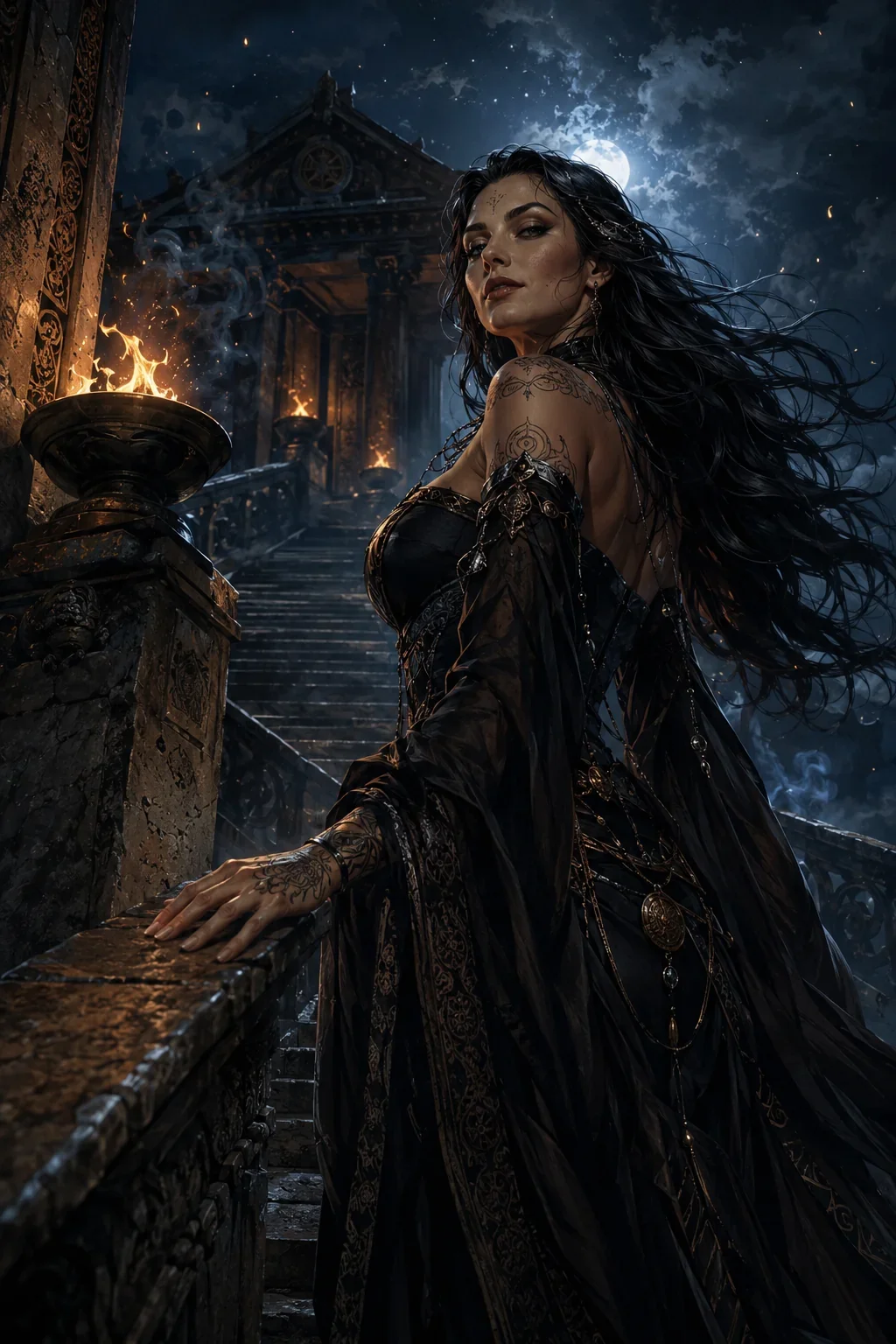 Black-haired tattooed woman in a black gown on a torch-lit temple staircase at night, turning to look over her shoulder beneath a full moon.
