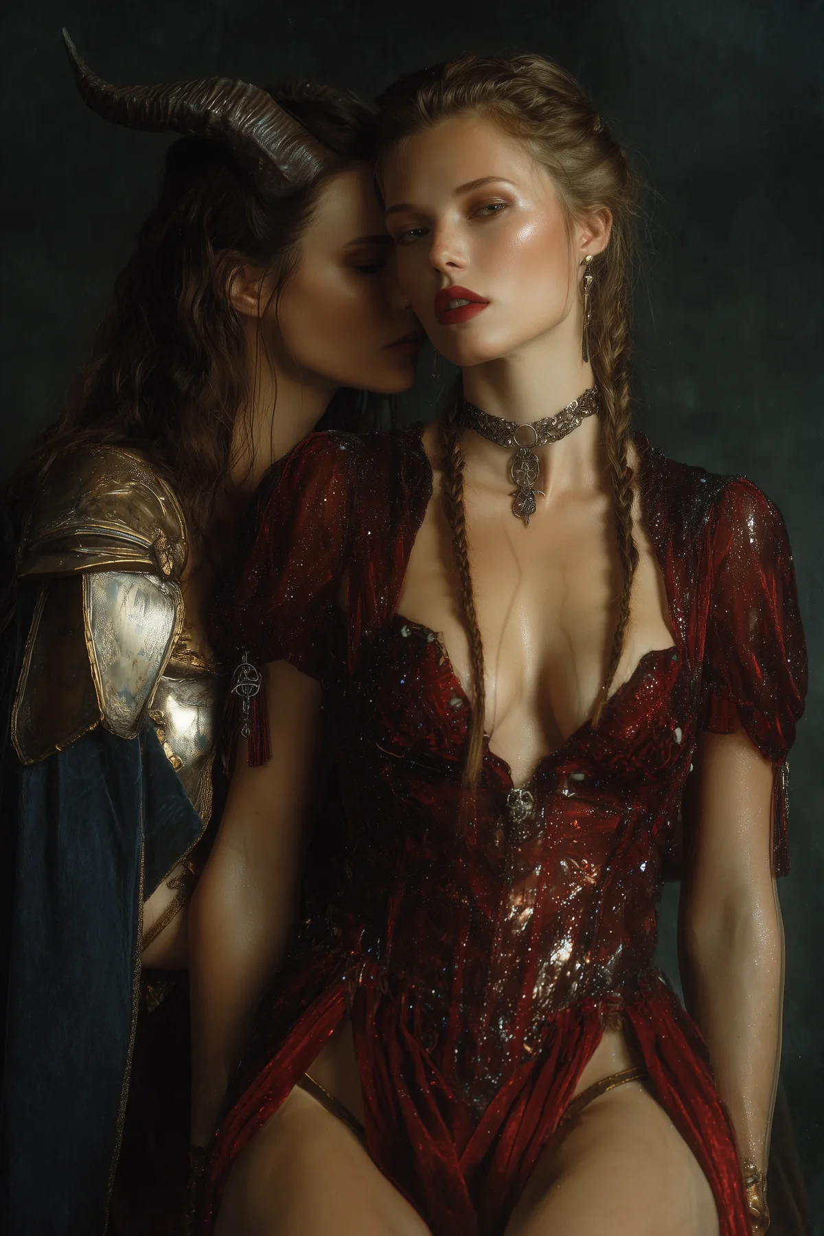 Two women in red beaded garments leaning close together, faces almost touching, against a warm dark setting.