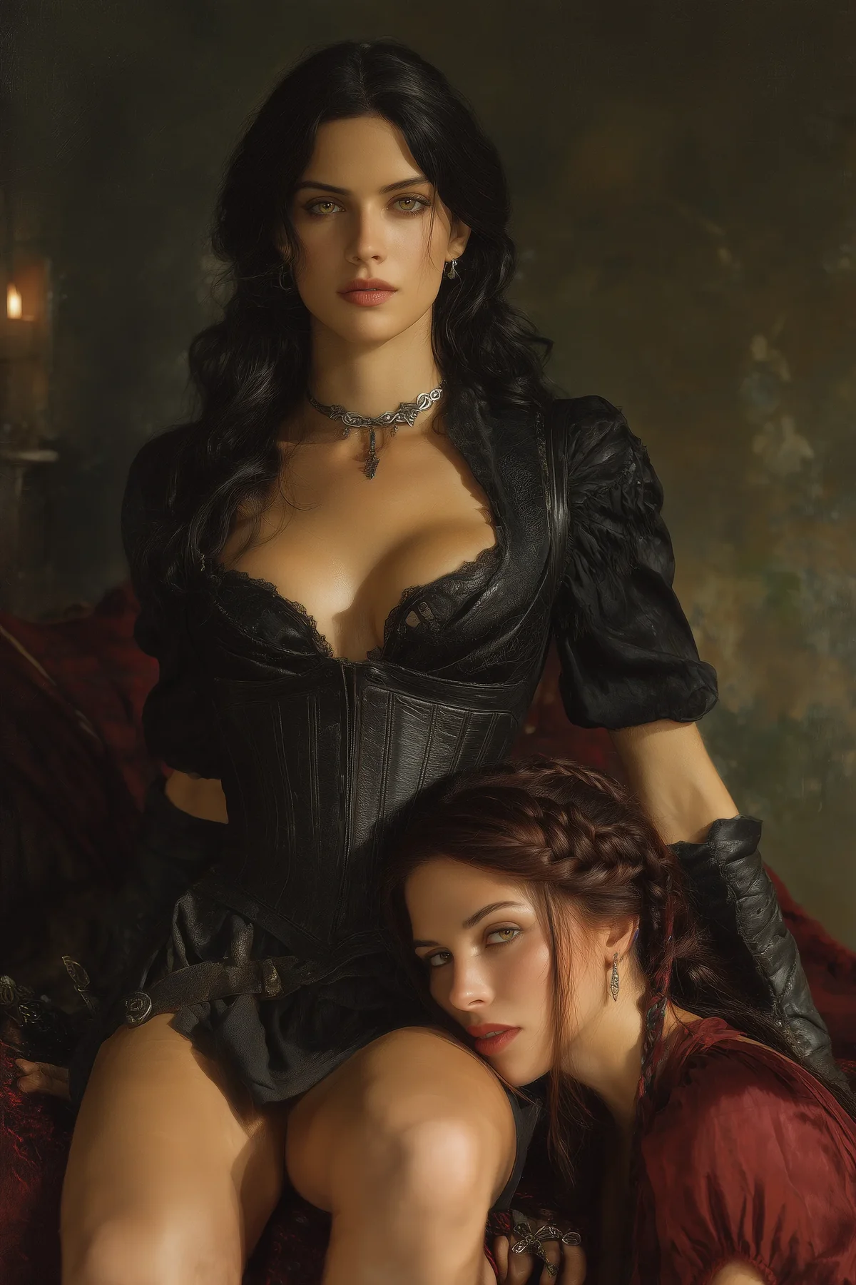 Two dark-haired women in laced velvet corset bodices standing close together in a shadowy room.