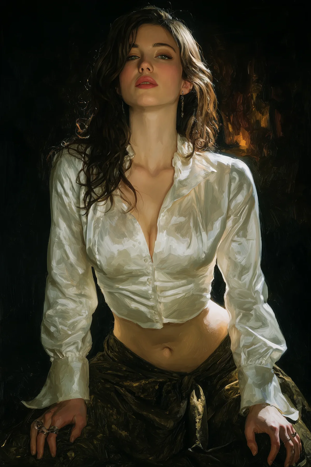 A slender woman with dark wavy hair wearing an open white blouse, standing in soft warm light.