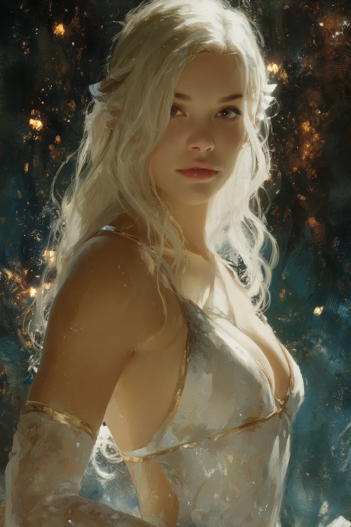 Elven woman with long white hair in a pale silk gown against a dark, glittering background.