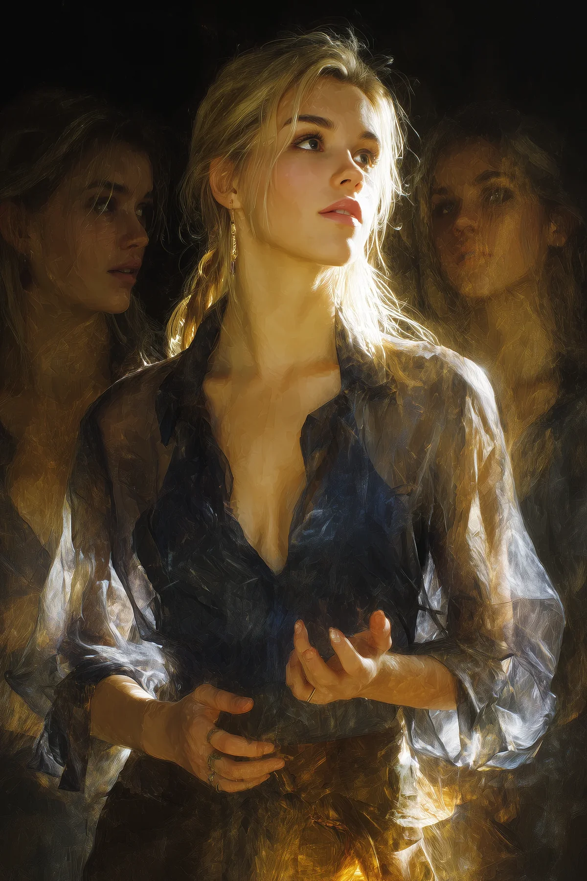 A blonde woman shown in a blurred, multiplied effect with overlapping images, in warm dim light.